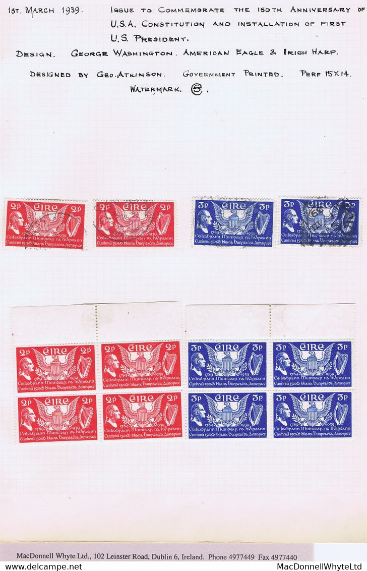 Ireland 1939 US Constitution 2d And 3d, Mint Marginal Blocks Of Four Plus Two Used Sets, On Album Page - Ungebraucht