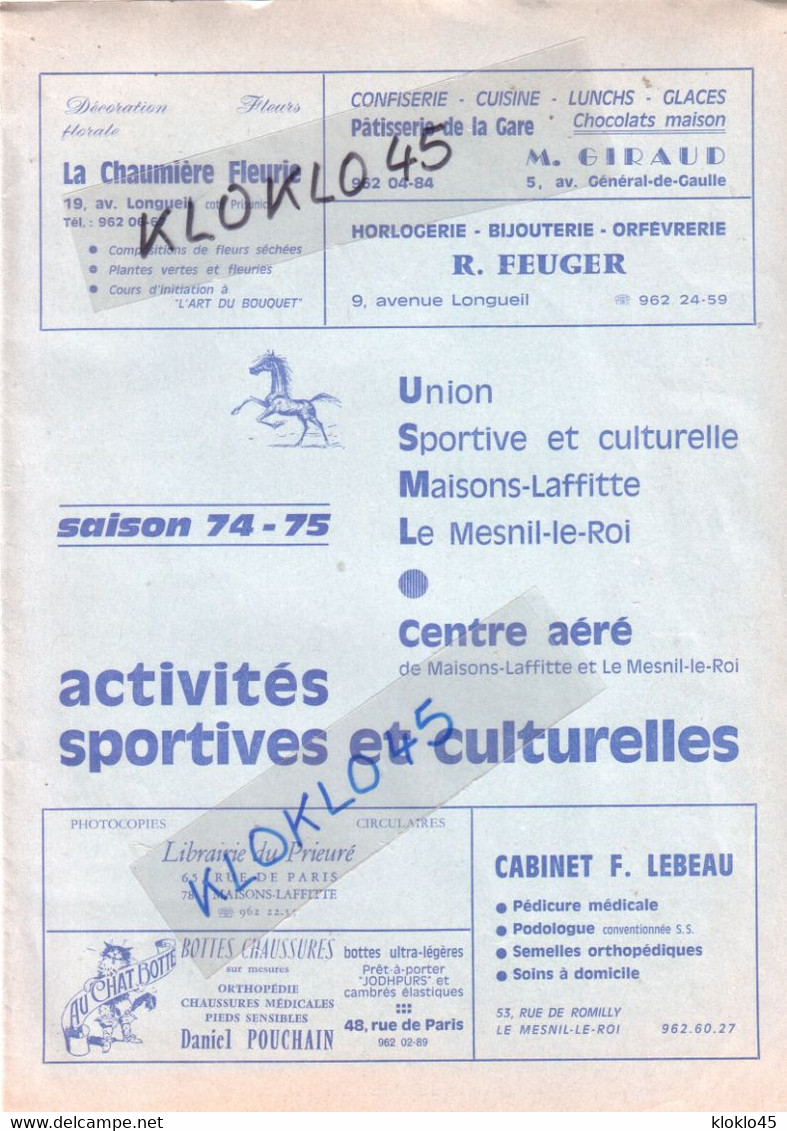 USML Union Sportive Maisons Laffitte Le Mesnil Le Roi - Centre Aéré Saison 74 - 75 Livret 8 Pages - Publicité Annonceurs - Programme