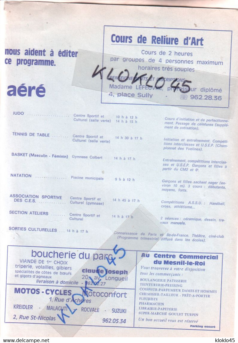 USML Union Sportive Maisons Laffitte Le Mesnil le Roi - Centre aéré saison 74 - 75 livret 8 pages - publicité annonceurs