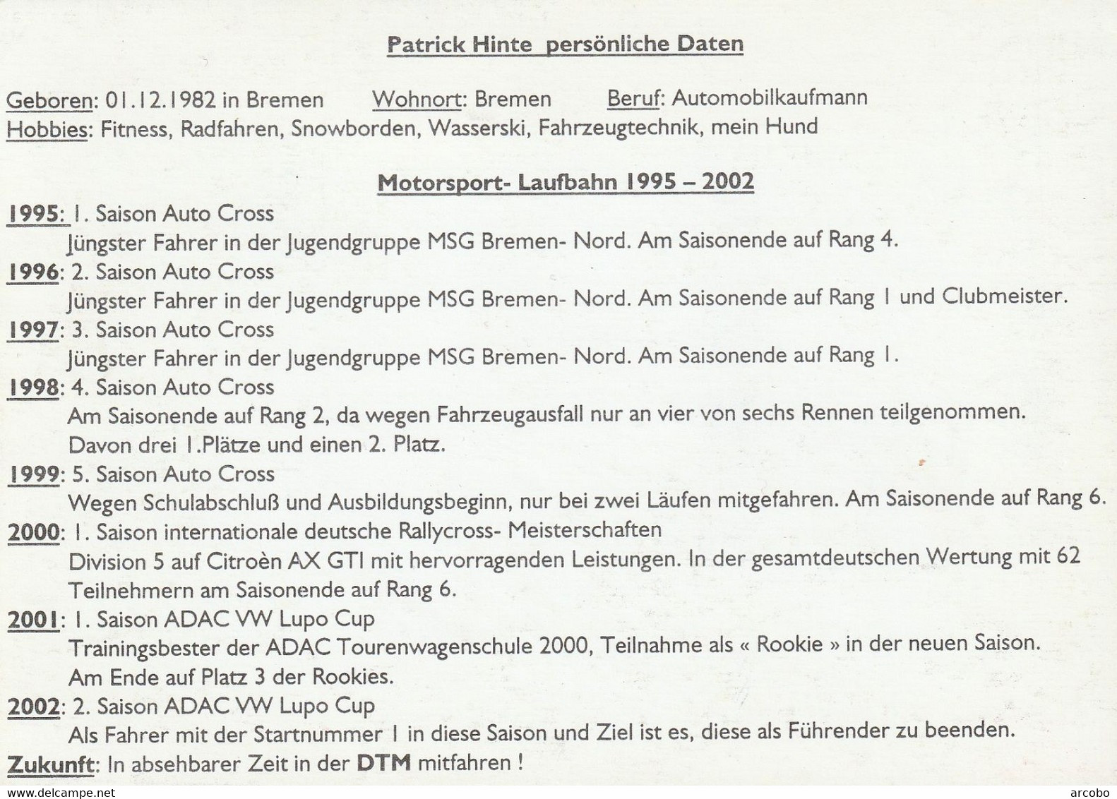 Patrick Hinte Signiert ADAC Volswagen Lupo Cup - Automobile - F1