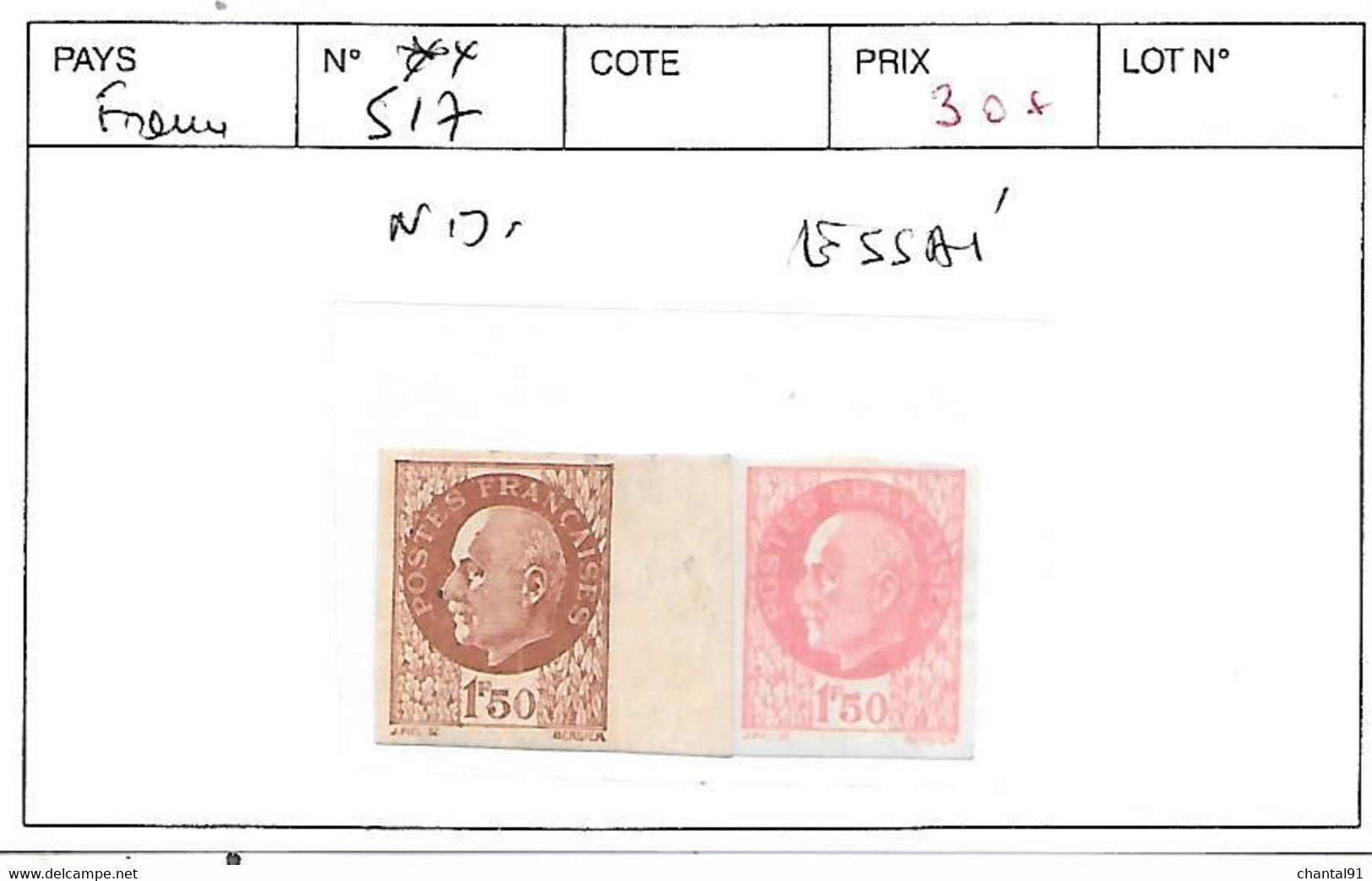 FRANCE NON DENTELE N° 517 ** ESSAI - 1941-1950