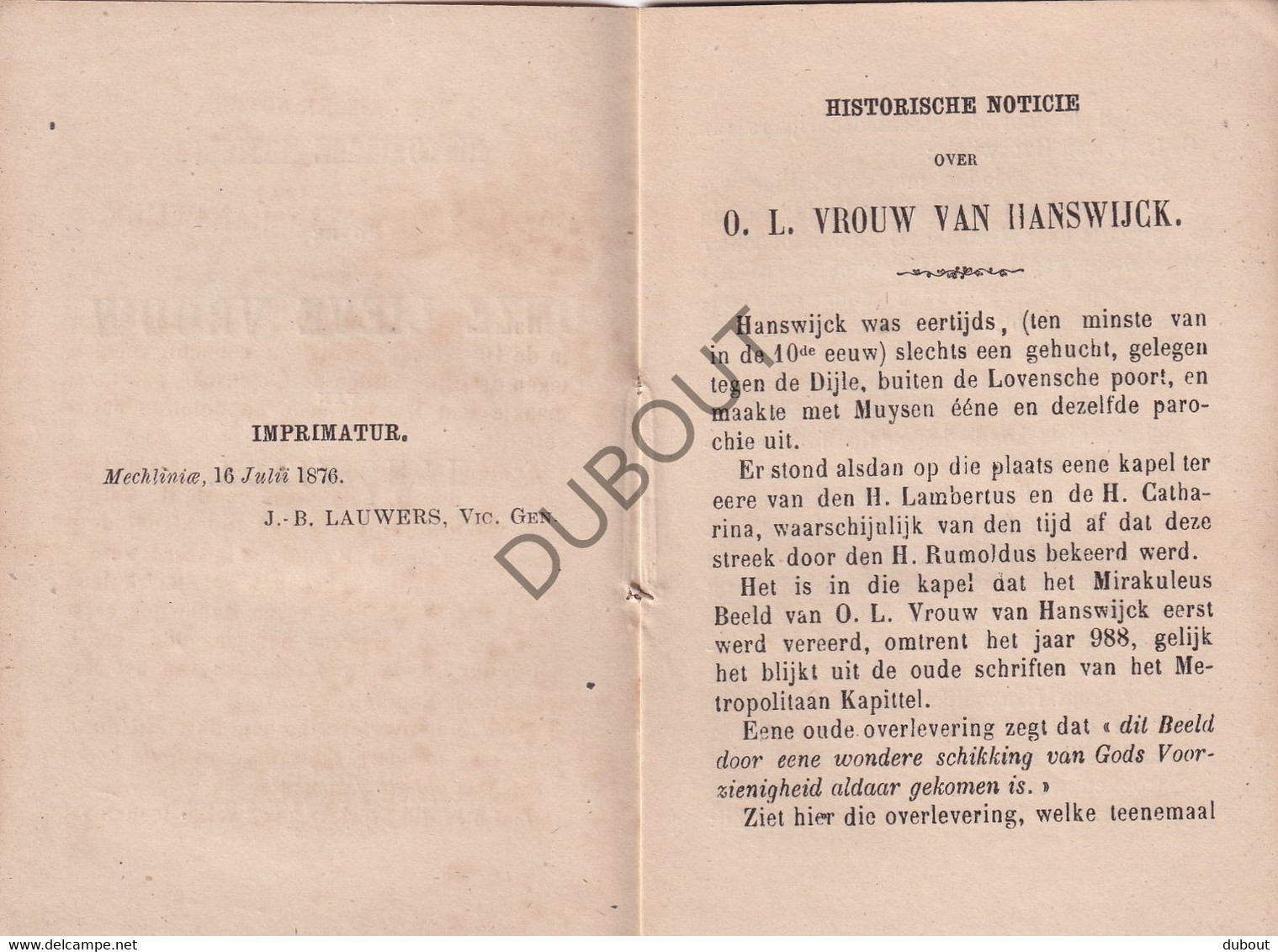 Noticie Over Onze Lieve Vrouw Van Hanswijck, Mechelen - 1876 (W174) - Antique