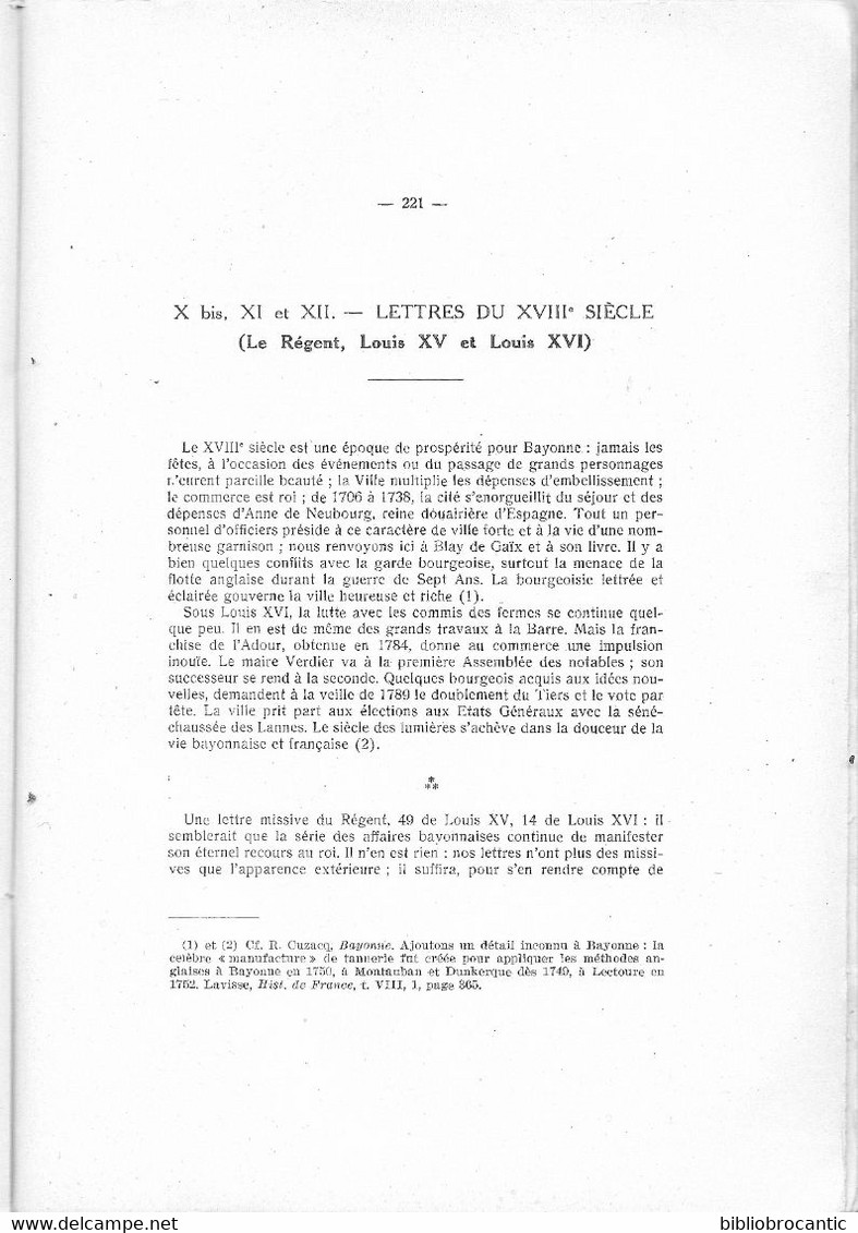 *BAYONNE SOUS L'ANCIEN REGIME*T.III  // LETTRES MISSIVES par René CUZACQ et J.-B. DETCHEPARRE /E.O. 1935