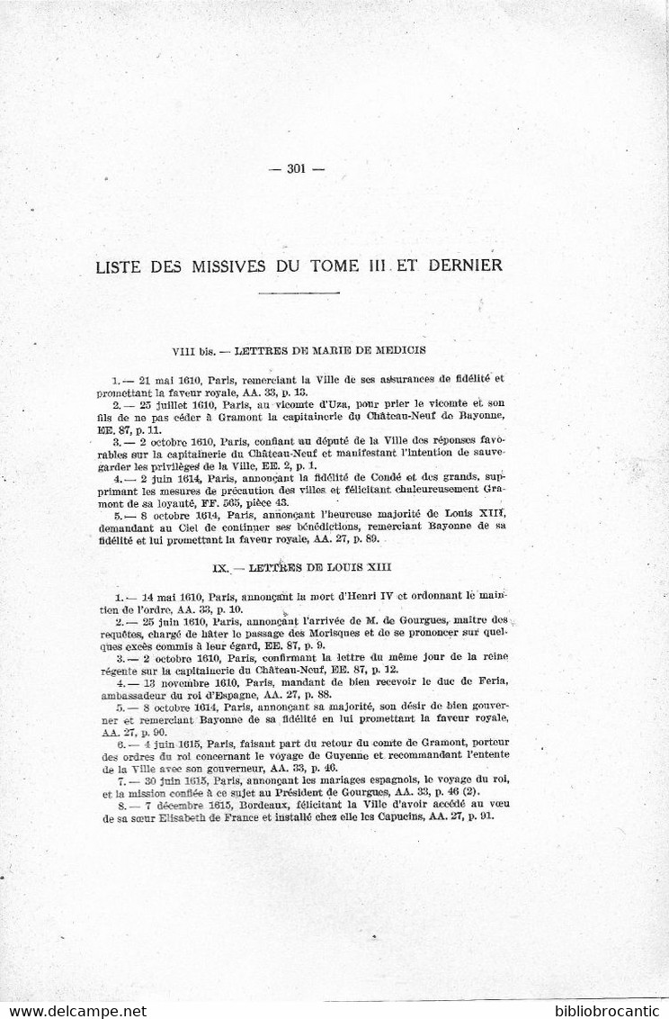 *BAYONNE SOUS L'ANCIEN REGIME*T.III  // LETTRES MISSIVES par René CUZACQ et J.-B. DETCHEPARRE /E.O. 1935