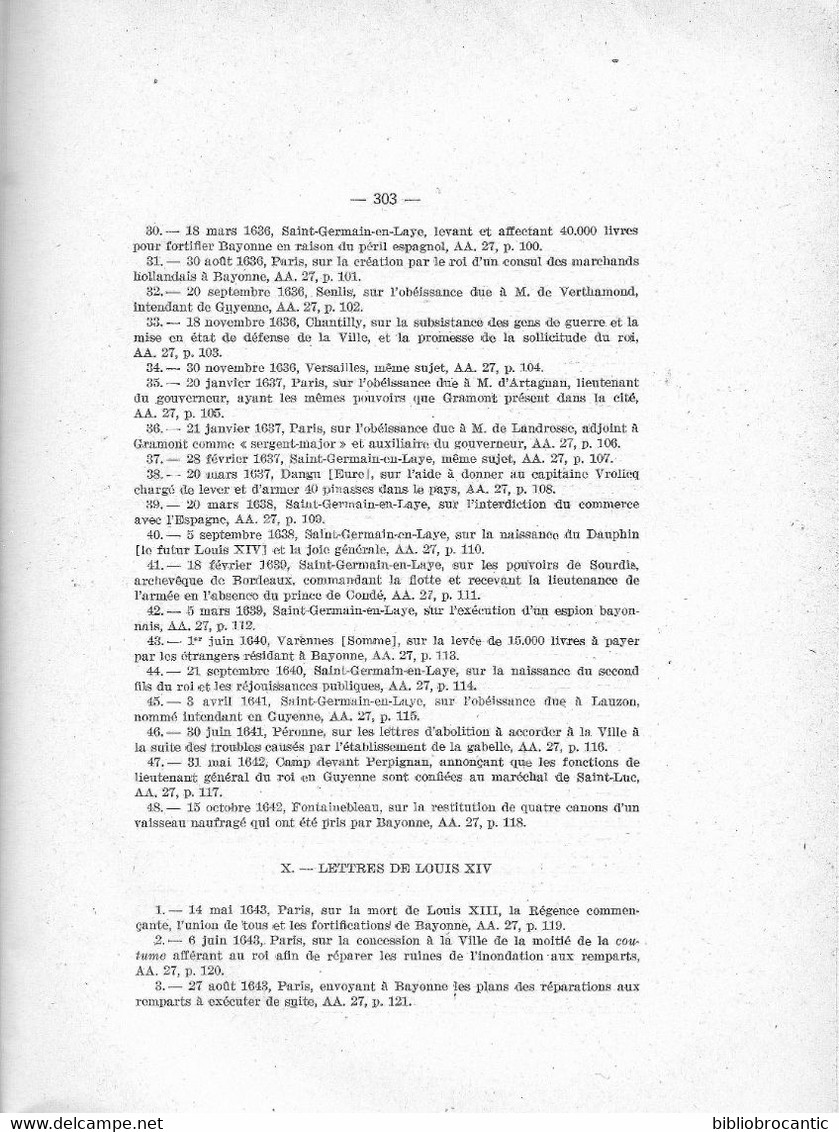 *BAYONNE SOUS L'ANCIEN REGIME*T.III  // LETTRES MISSIVES par René CUZACQ et J.-B. DETCHEPARRE /E.O. 1935