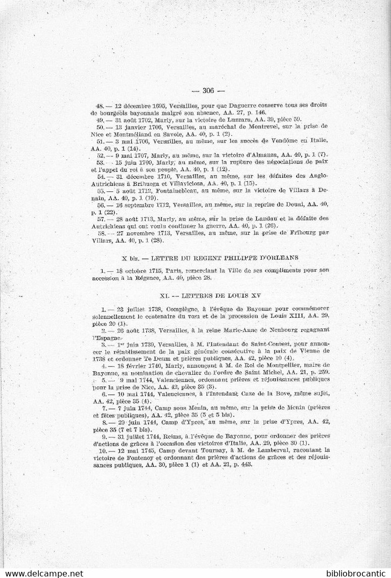 *BAYONNE SOUS L'ANCIEN REGIME*T.III  // LETTRES MISSIVES par René CUZACQ et J.-B. DETCHEPARRE /E.O. 1935