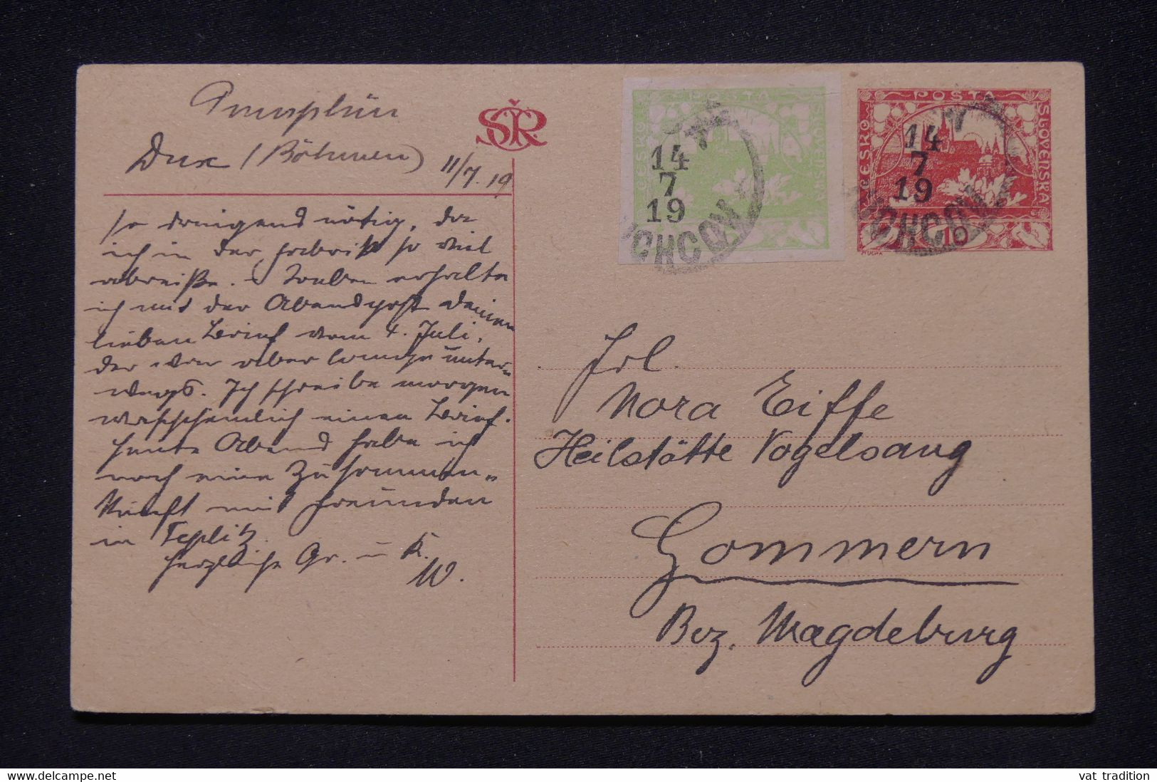 TCHÉCOSLOVAQUIE - Entier Postal + Complément Pour Gommern En 1919   - L 139798 - Cartes Postales