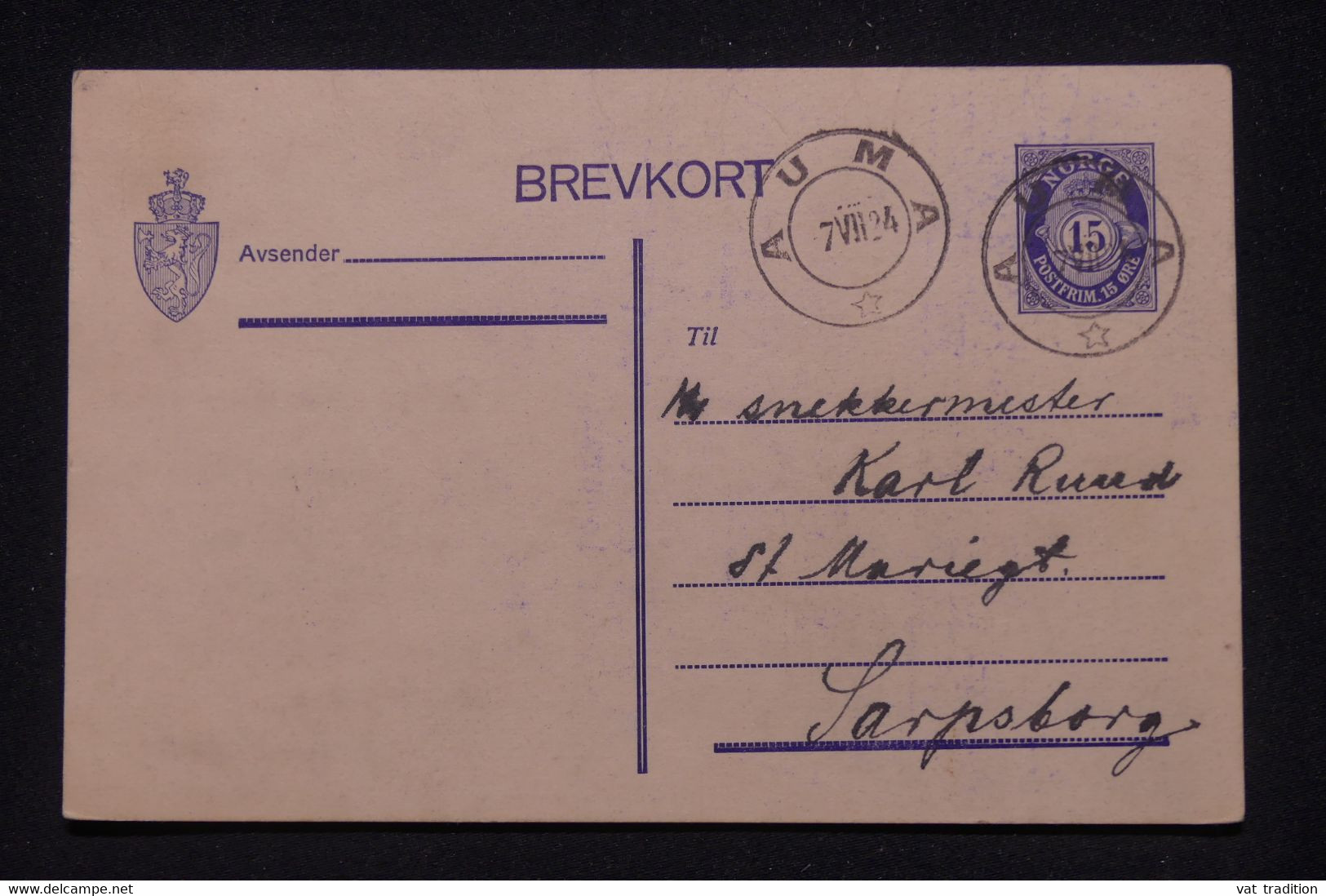 NORVÈGE - Entier Postal De Auma Pour Sarpsborg En 1924 - L 139803 - Enteros Postales