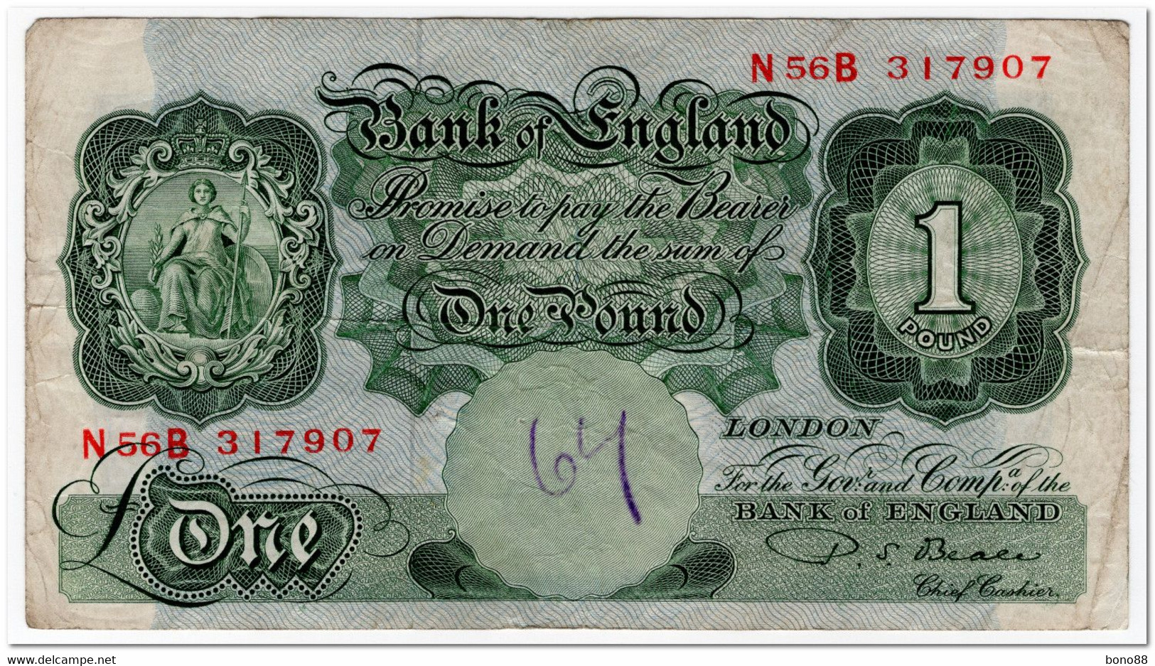 GREAT BRITAIN,1 POUND,1949-55,P.369b,FINE,2 PIN HOLES,GRAFFITI - 1 Pond