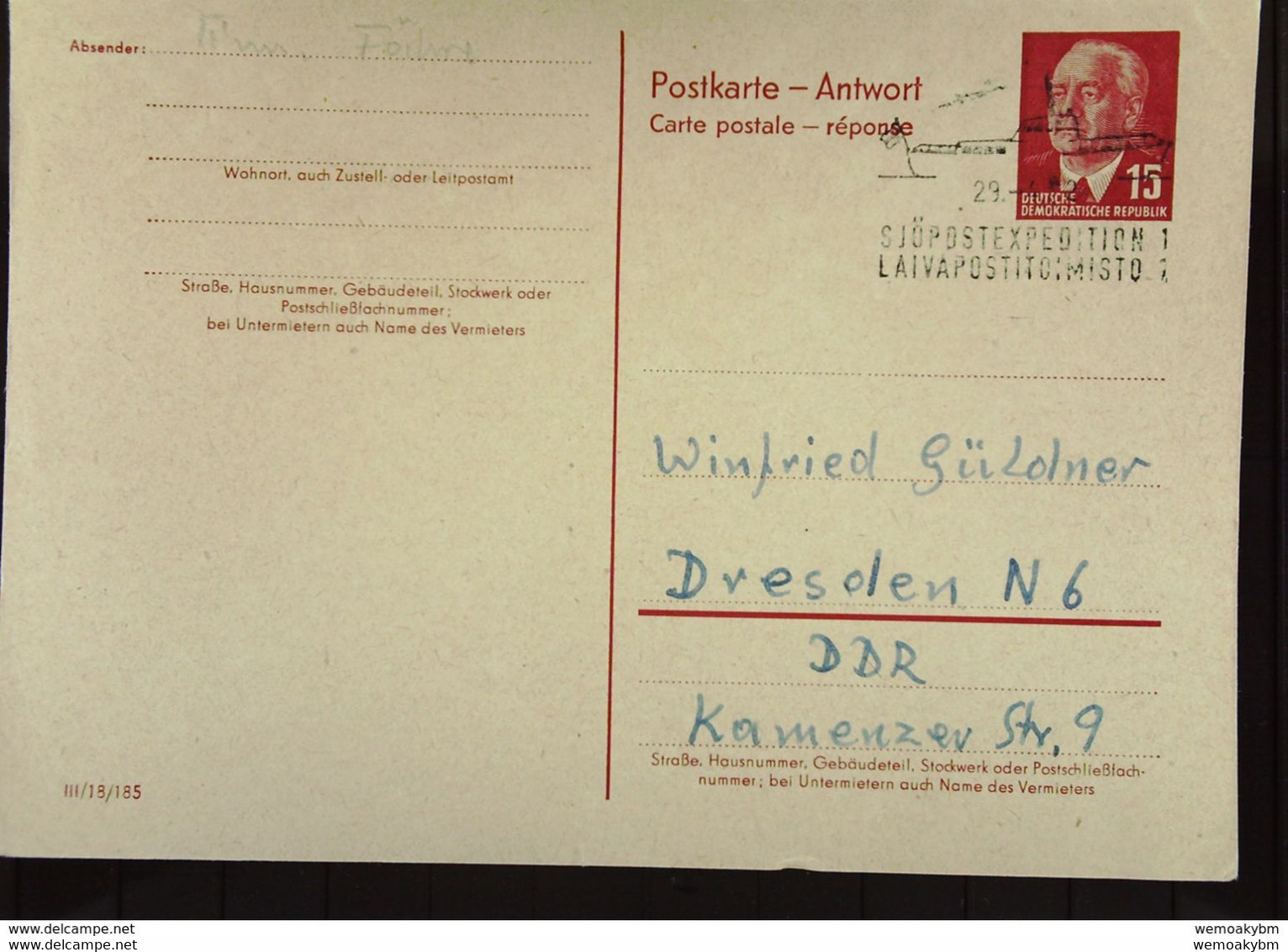 DDR: Ganzsache Mit 15 Pf Pieck Antwortteil Mit Schiffspostst. Finn. Fähre Vom 29.4.62 Nach Dresden  Knr: P 65 AA - Postcards - Used