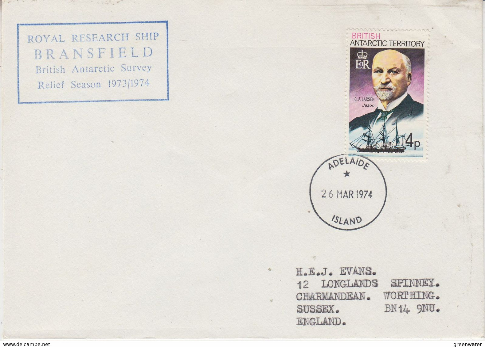 British Antarctic Territory (BAT) Cover RRS Bransfield Ca Adelaide Island 26 MAR 1974 =last Day Postmark (TA184) - Brieven En Documenten