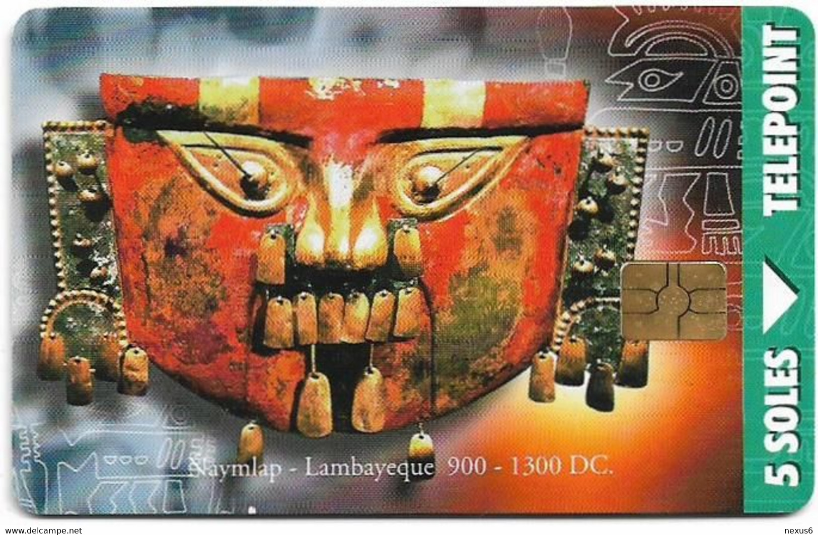 Peru - Telepoint - Incas Culture - Lambayeque Mask, Cn. Down Left, Gem1B Not Symm. Red, 5Sol, Used - Pérou