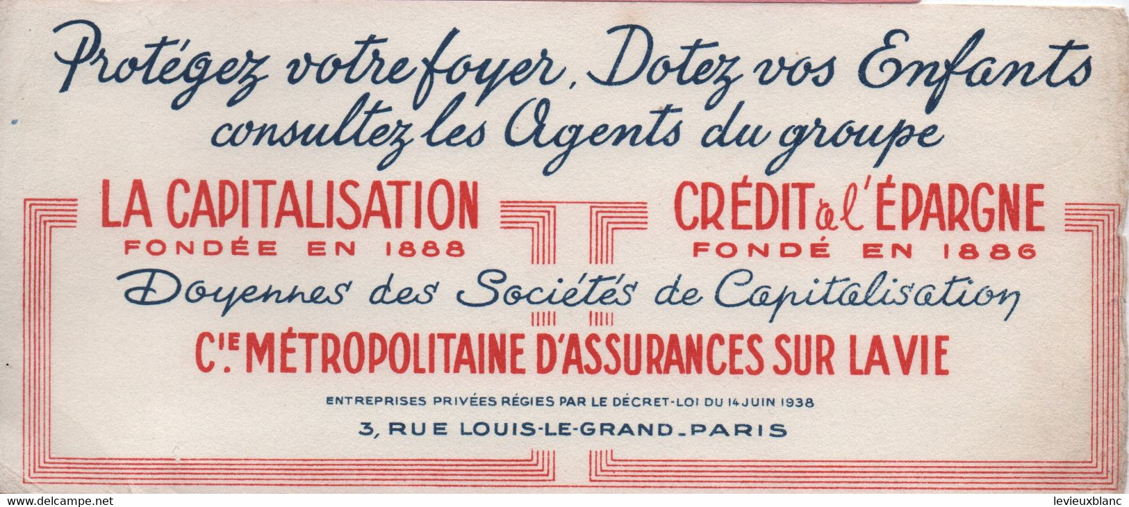 Buvard Ancien/COMPAGNIE METROPOLITAINE D'ASSURANCES Sur La VIE/Paris  /  Vers 1950  BUV562 - Banque & Assurance