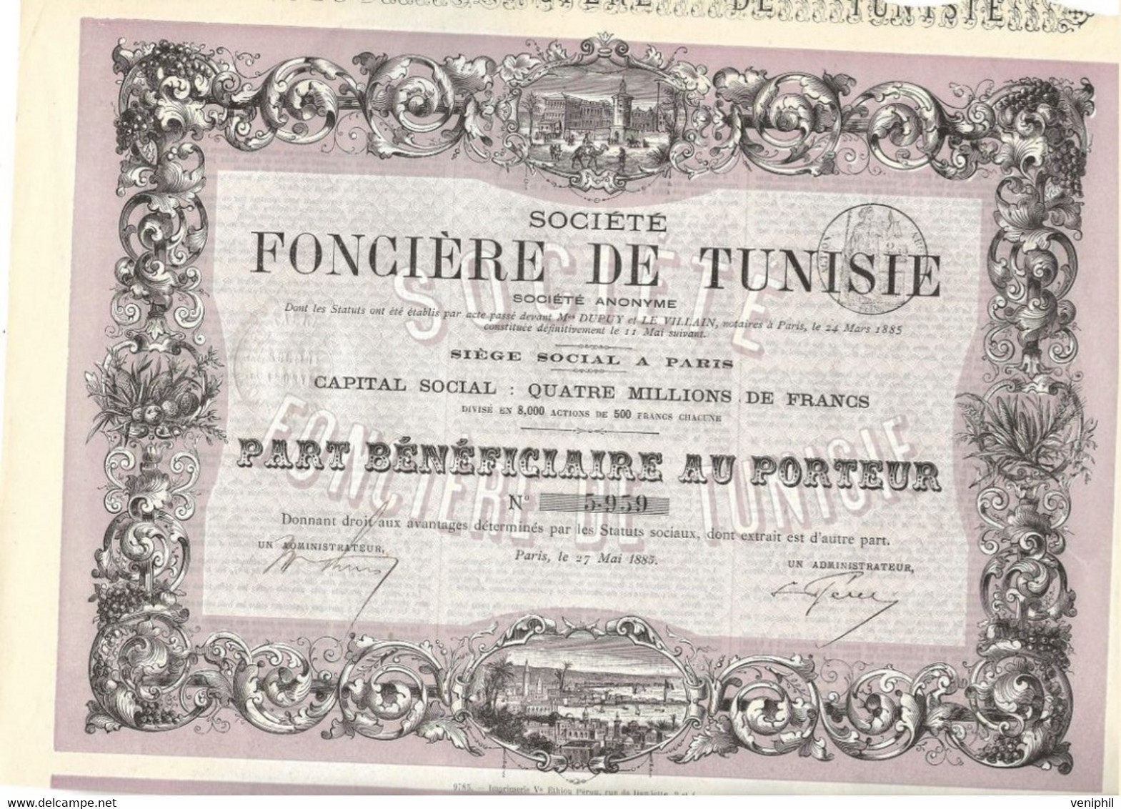 SOCIETE FONCIERE DE TUNISIE - PART BENEFICIAIRE - ANNEE 1885 - Africa