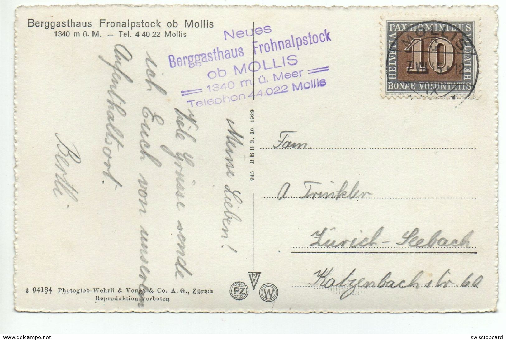 MOLLIS Berggasthaus Fronalpstock Gel. 1945 Stempel Gasthaus - Mollis