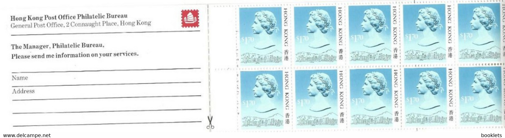 HONGKONG, Booklet 18a 2, 1987, 10x$1.70 Elizabeth Blue, Margin Pane Near The Fold - Carnets