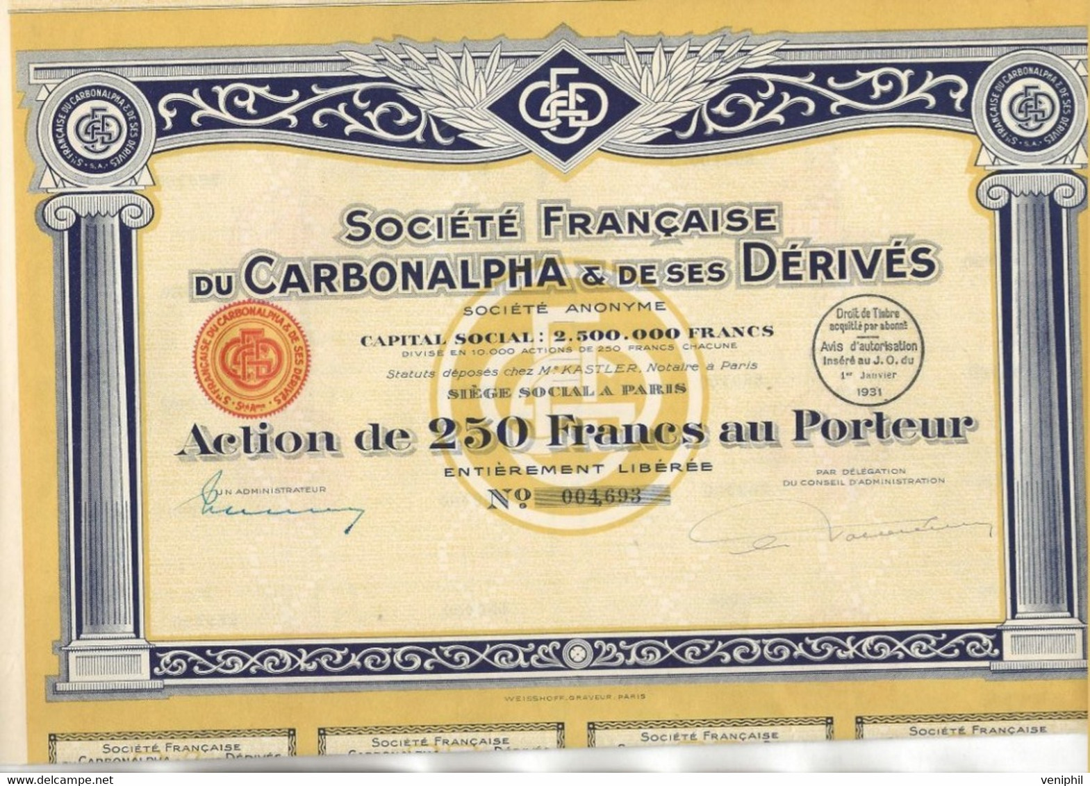 SOCIETE FRANCAISE DU CARBONALPHA ET DE SES DERIVES - ACTION DE 250 FRS -ANNEE 1931 - Mijnen