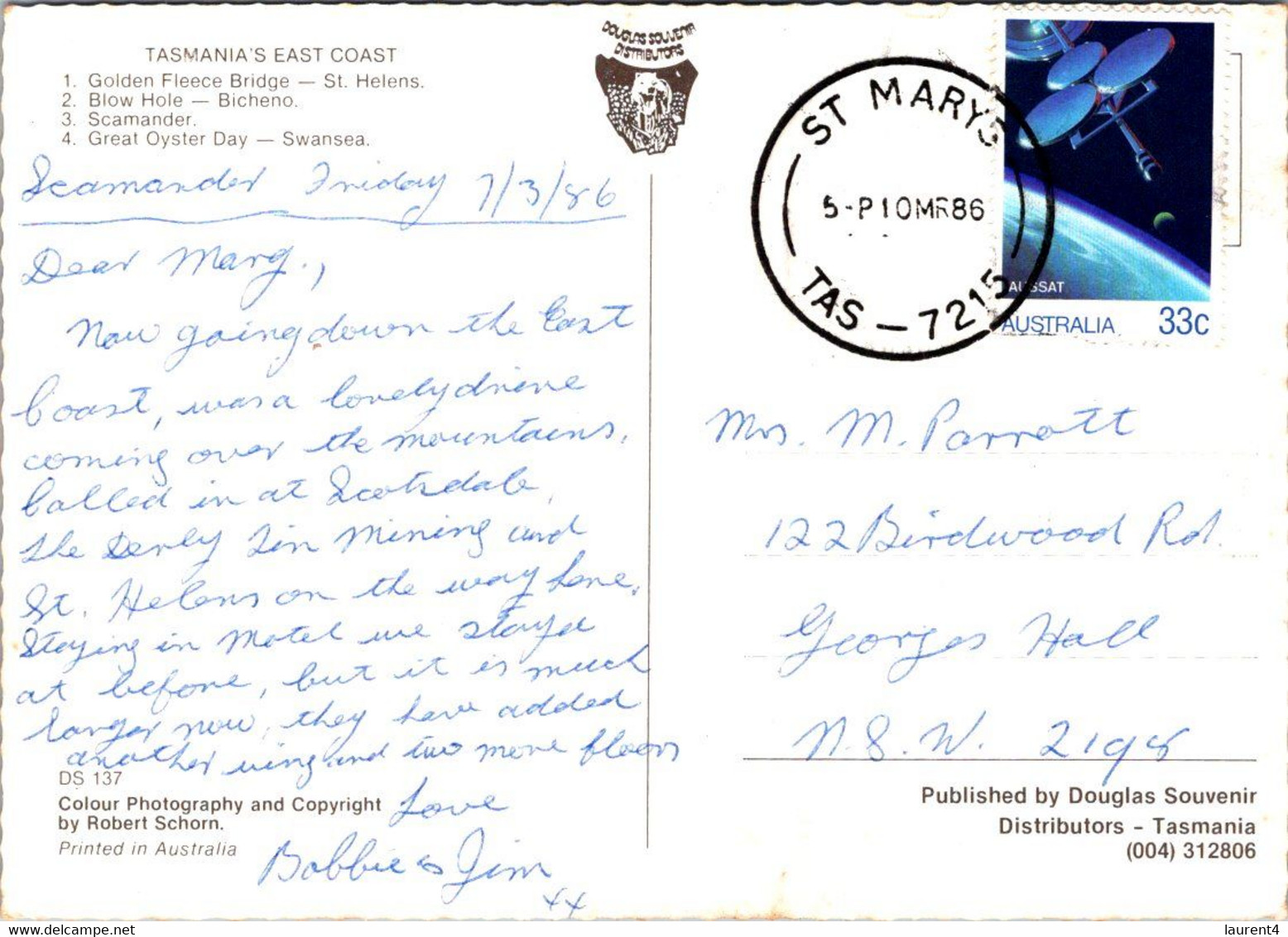 (3 Oø 21) Australia - TAS - (posted 1986 - With Satellite Stamp) East Coast - Sonstige & Ohne Zuordnung