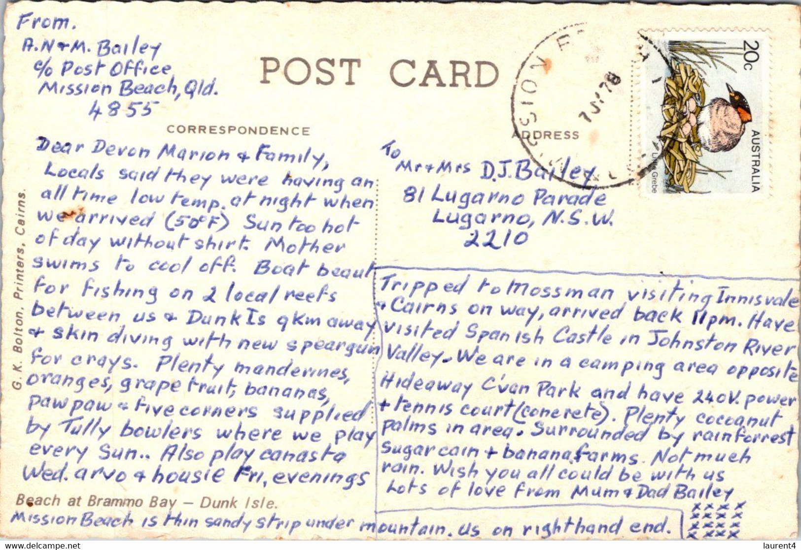 (3 Oø 21) Australia - QLD - (posted 1978 - With Bird Stamp) Dunk Island Beach - Mackay / Whitsundays