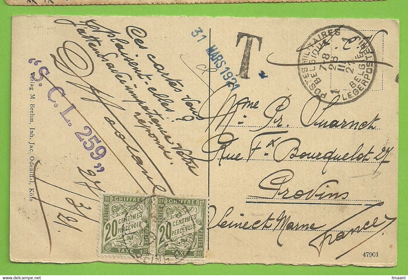 BZ 42 Op Kaart Stempel PMB 1 Op 28/3/21 Naar PROVINS, Getaxeerd (taxe) 2x20cent !! (4260 - OC38/54 Belgian Occupation In Germany