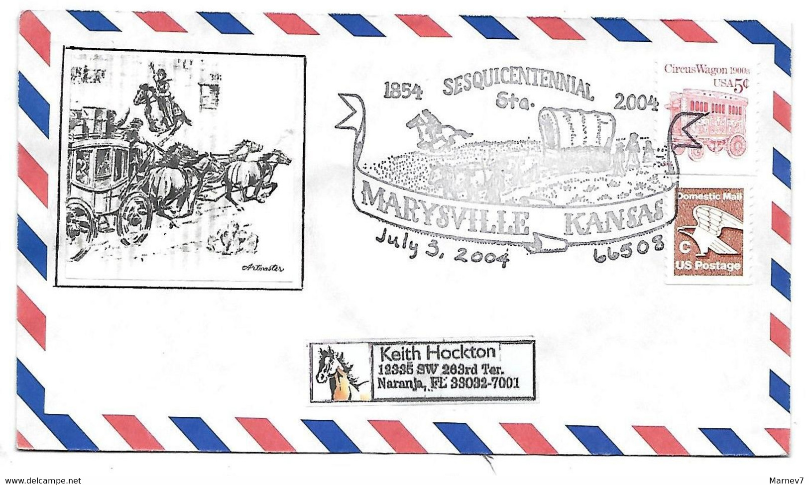 Sur Enveloppe Yv. 2334 - MARYSVILLE Kansas 2004 - Diligence Conestoga - Chariot Bâché Ponniers - Vignette Domestic Mail - Brieven En Documenten