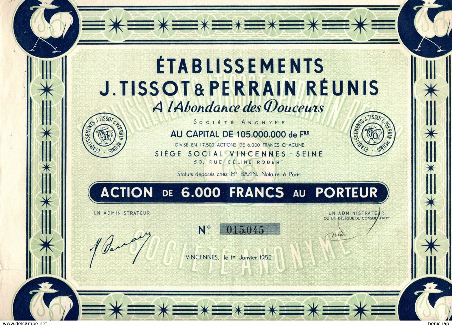 Etablissements J.Tissot & Perrain Réunis - A L'Abondance Des Douceurs - Action De 6000 Frs. - Vincennes - Seine 1952. - Industrie