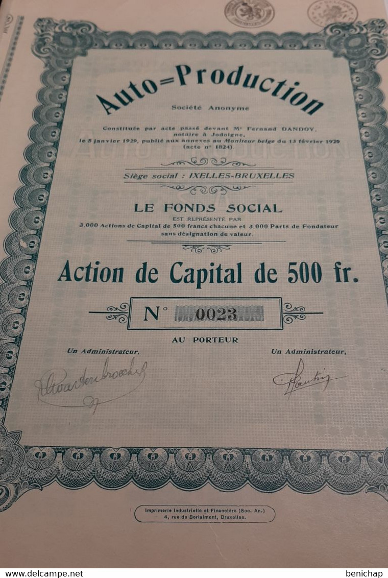 Auto - Production S.A. - Action De Capital De 500 Frs. -  Ixelles - Bruxelles Février 1929. - Automobile
