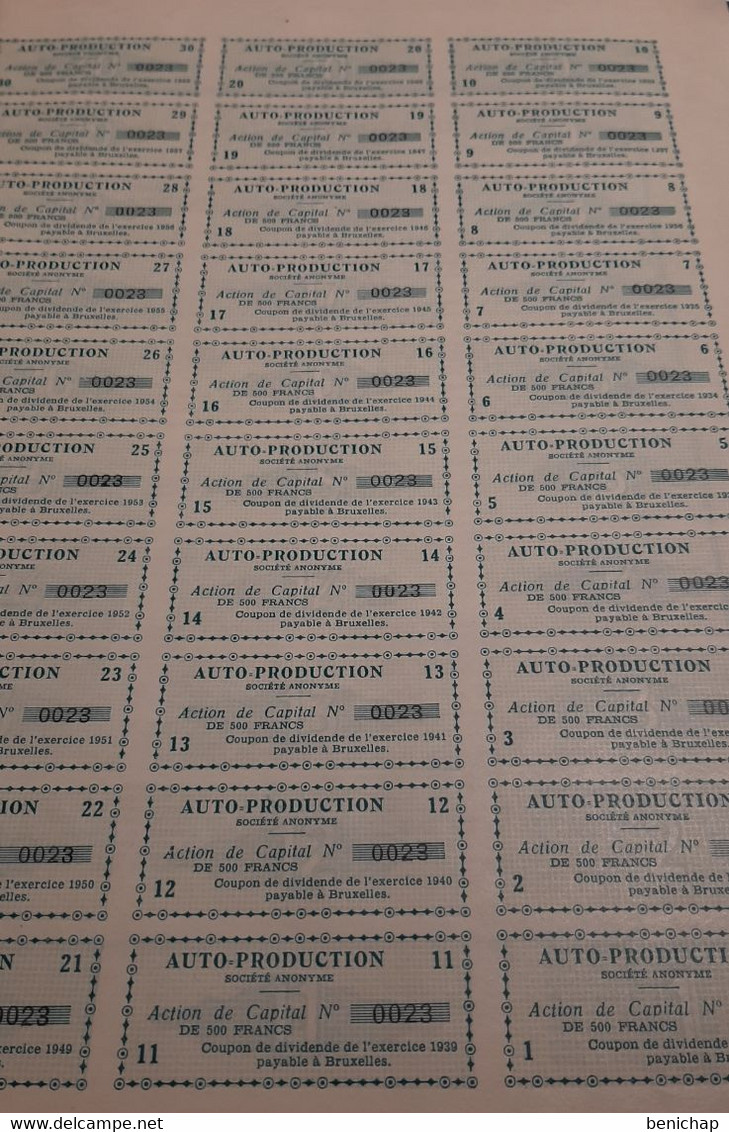 Auto - Production S.A. - Action De Capital De 500 Frs. -  Ixelles - Bruxelles Février 1929. - Automobilismo