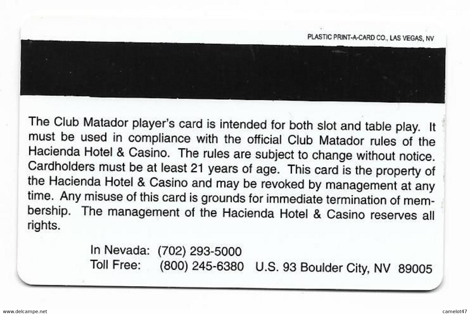 Hacienda Casino, Boulder City, NV, U.S.A., Older BLANK Used Slot Or Player's Card,  # Hacienda-1blank - Cartes De Casino