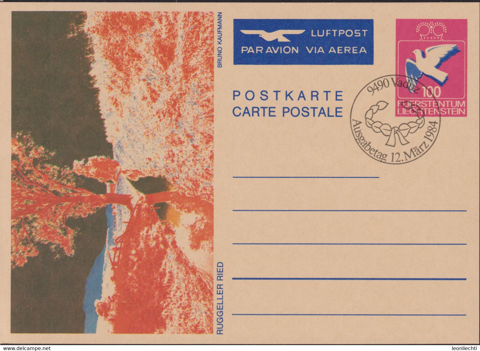 1987 Postkarte,  Ruggeler Ried V. Bruno Kaufmann, Mi LI P 84, Luftpost, ET Gestempelt - Postwaardestukken