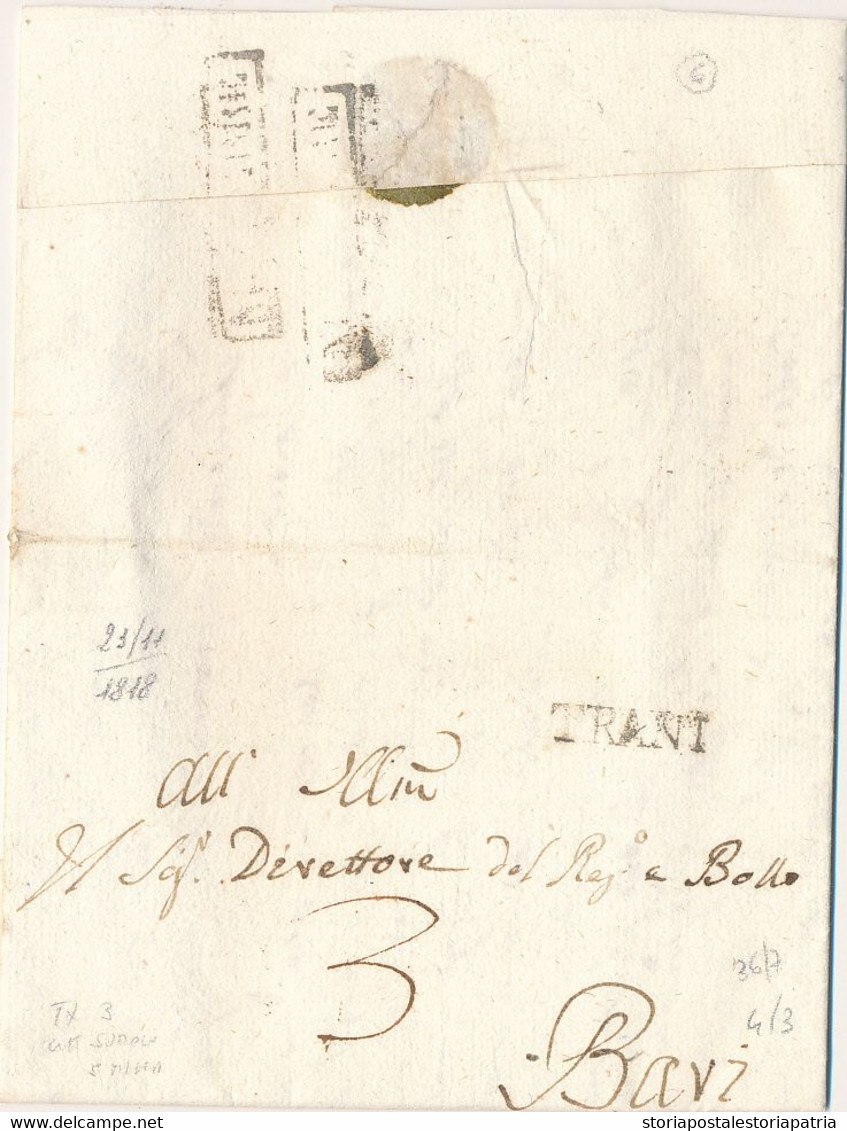 1818 REGNO DI NAPOLI PREFILATELICA TRANI LINEARE NERO + DOPPIO MESE NOVEMBRE IN CARTELLA AL VERSO - 1. ...-1850 Prefilatelia