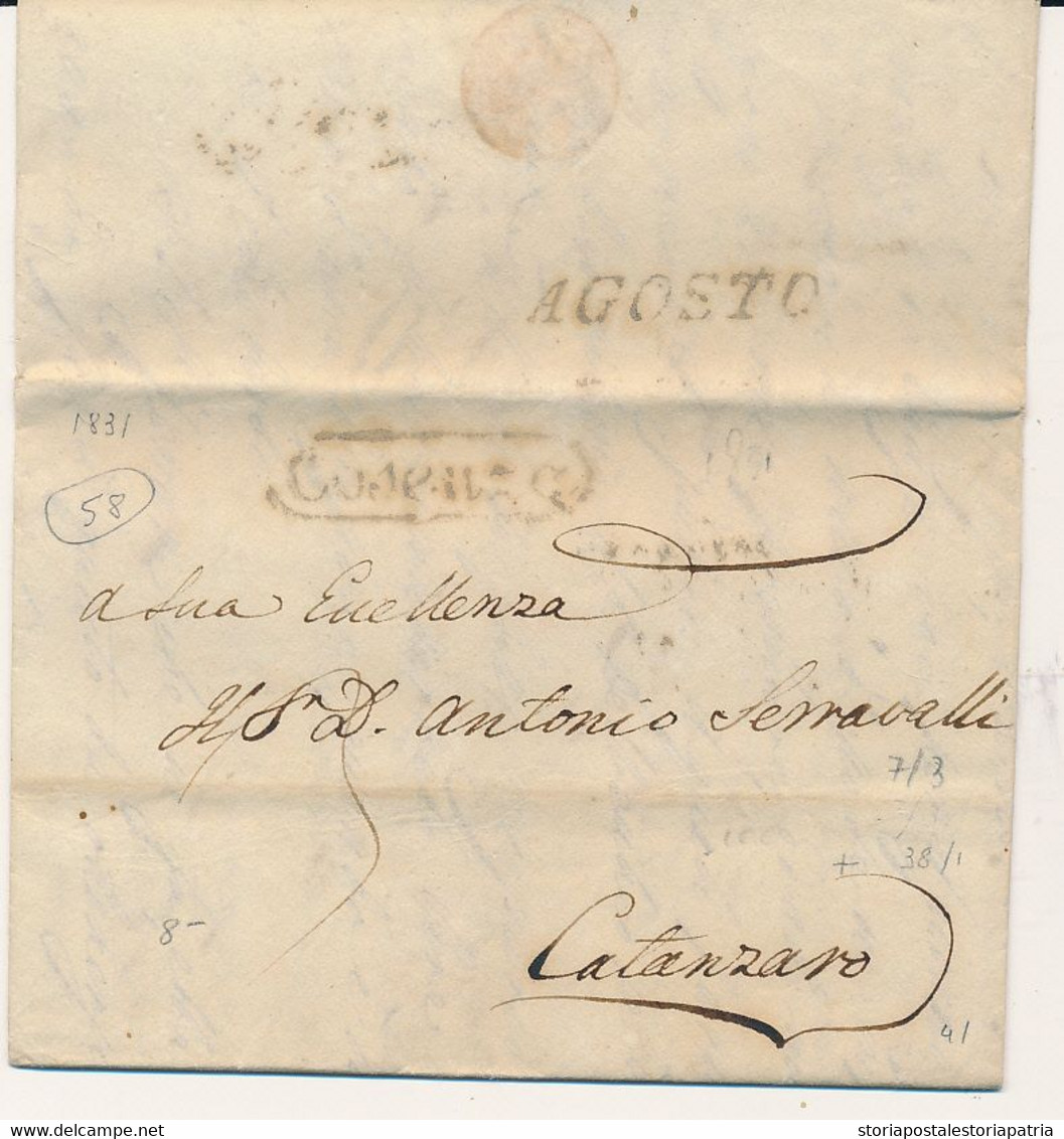 1831 REGNO DI NAPOLI PREFILATELICA COSENZA OVALE NERO + AGOSTO AL VERSO TASSA 3 X CATANZARO  CON TESTO - 1. ...-1850 Prefilatelia