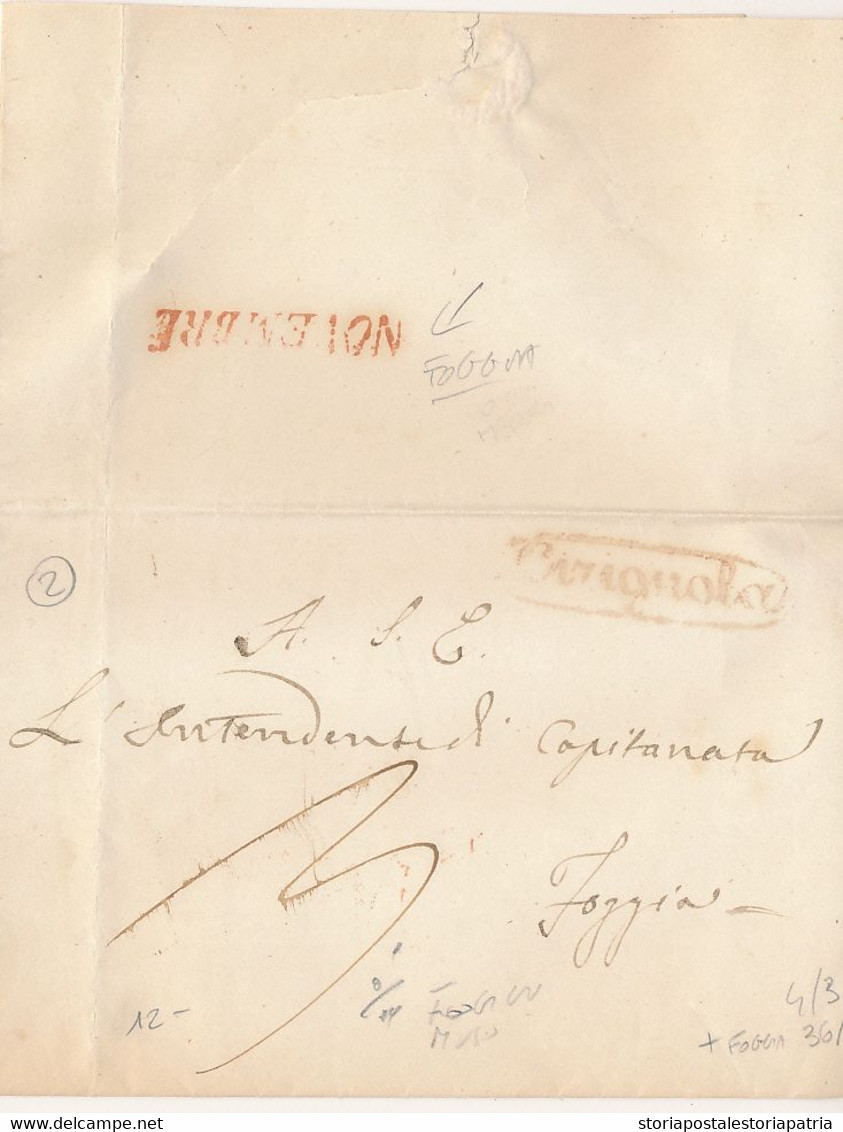 184? REGNO DI NAPOLI PREFILATELICA CERIGNOLA OVALE ROSSO + AL VERSO NOVEMBRE APPOSTO A FOGGIA IN ARRIVO TASSA 3 - 1. ...-1850 Prefilatelia