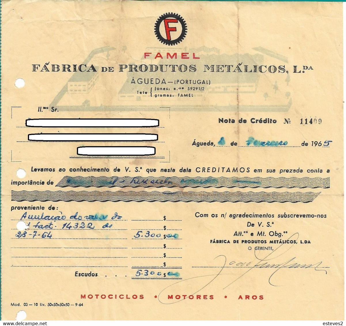 Portugal , 1963  1964  , FAMEL Fábrica De Produtos Metálicos , Motorbike , Águeda , Invoice And Credit Note - Portugal