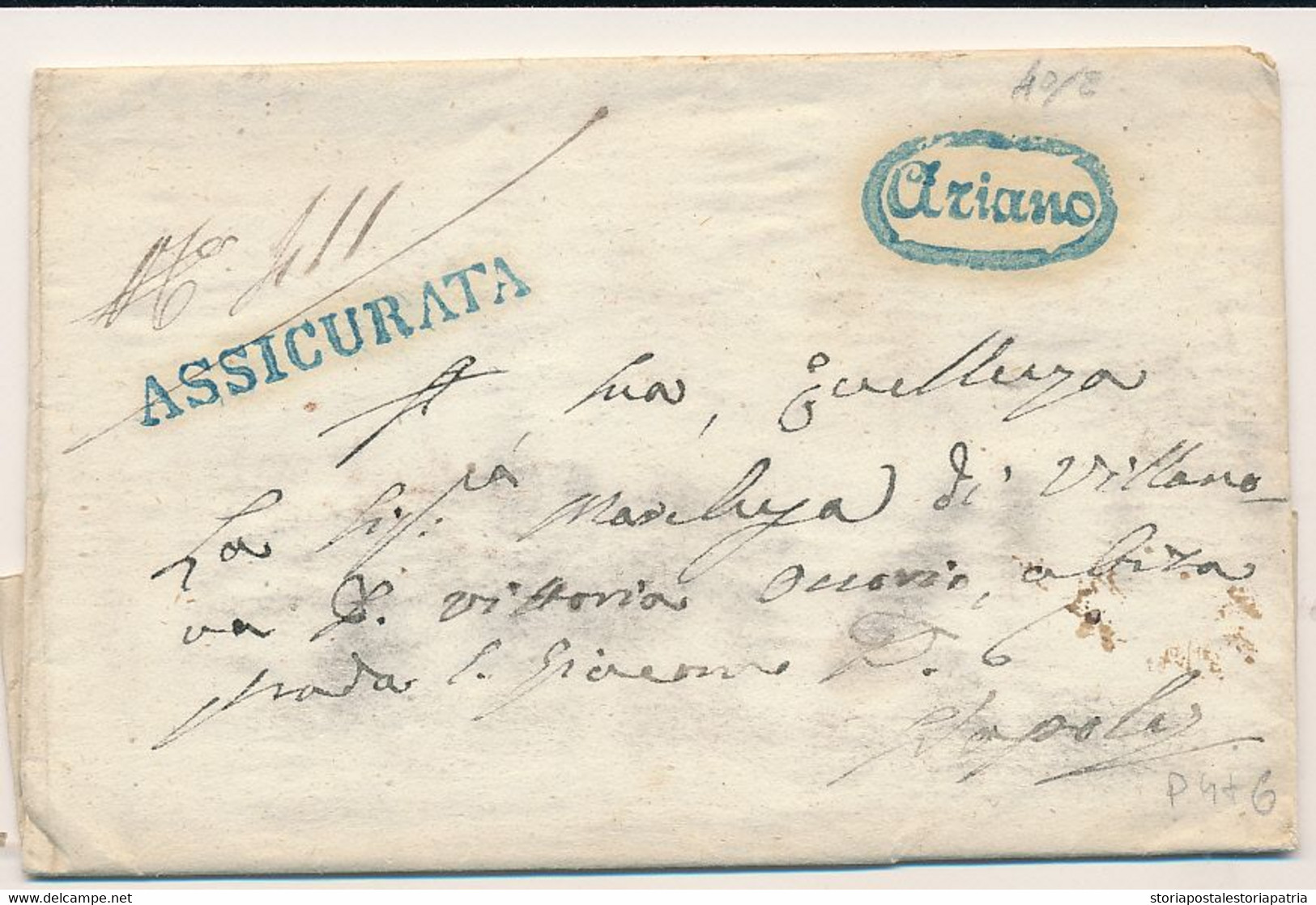 1856 REGNO DI NAPOLI PREFILATELICA ARIANO OVALE AZZURRO + ASSICURATA LINAERE AZZURRO TASSA 24 X NAPOLI CON TESTO - 1. ...-1850 Prefilatelia