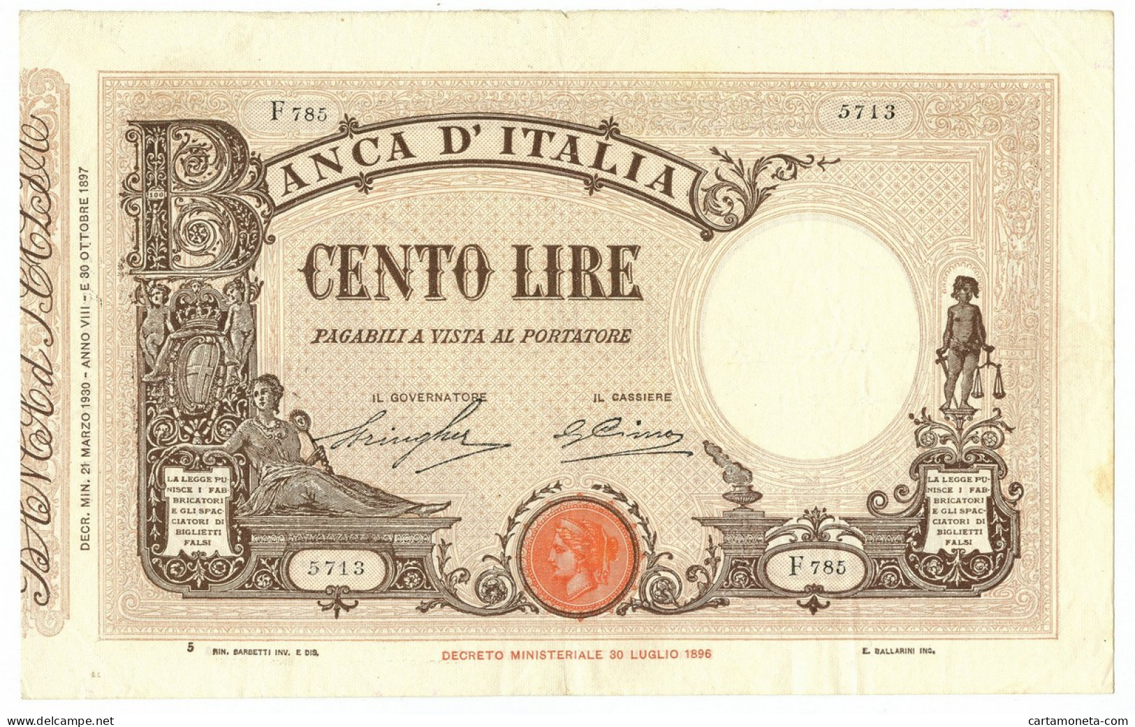 100 LIRE BARBETTI GRANDE B MATRICE LATERALE TESTINA FASCIO 21/03/1930 BB/BB+ - Andere