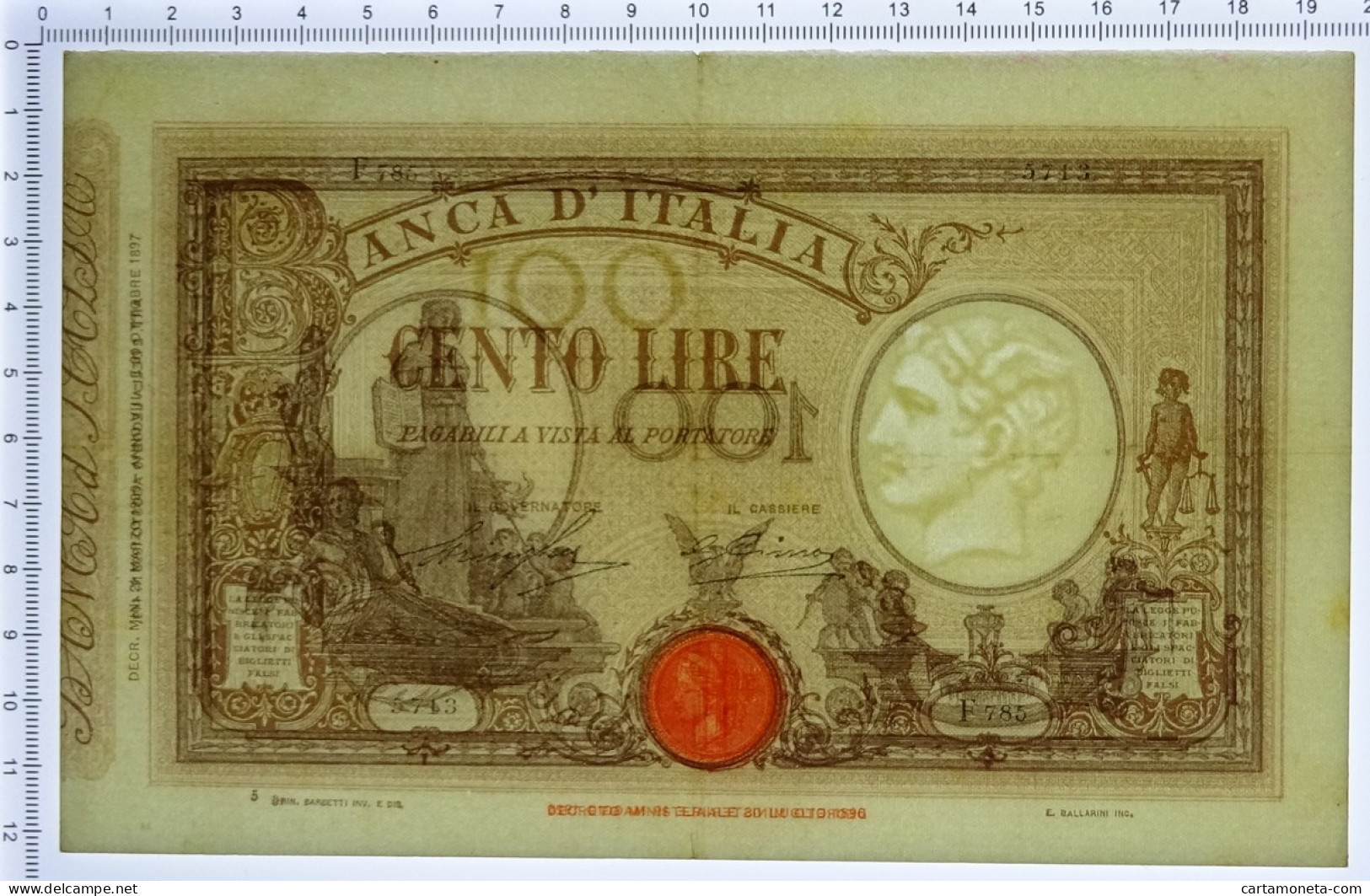 100 LIRE BARBETTI GRANDE B MATRICE LATERALE TESTINA FASCIO 21/03/1930 BB/BB+ - Regno D'Italia – Other