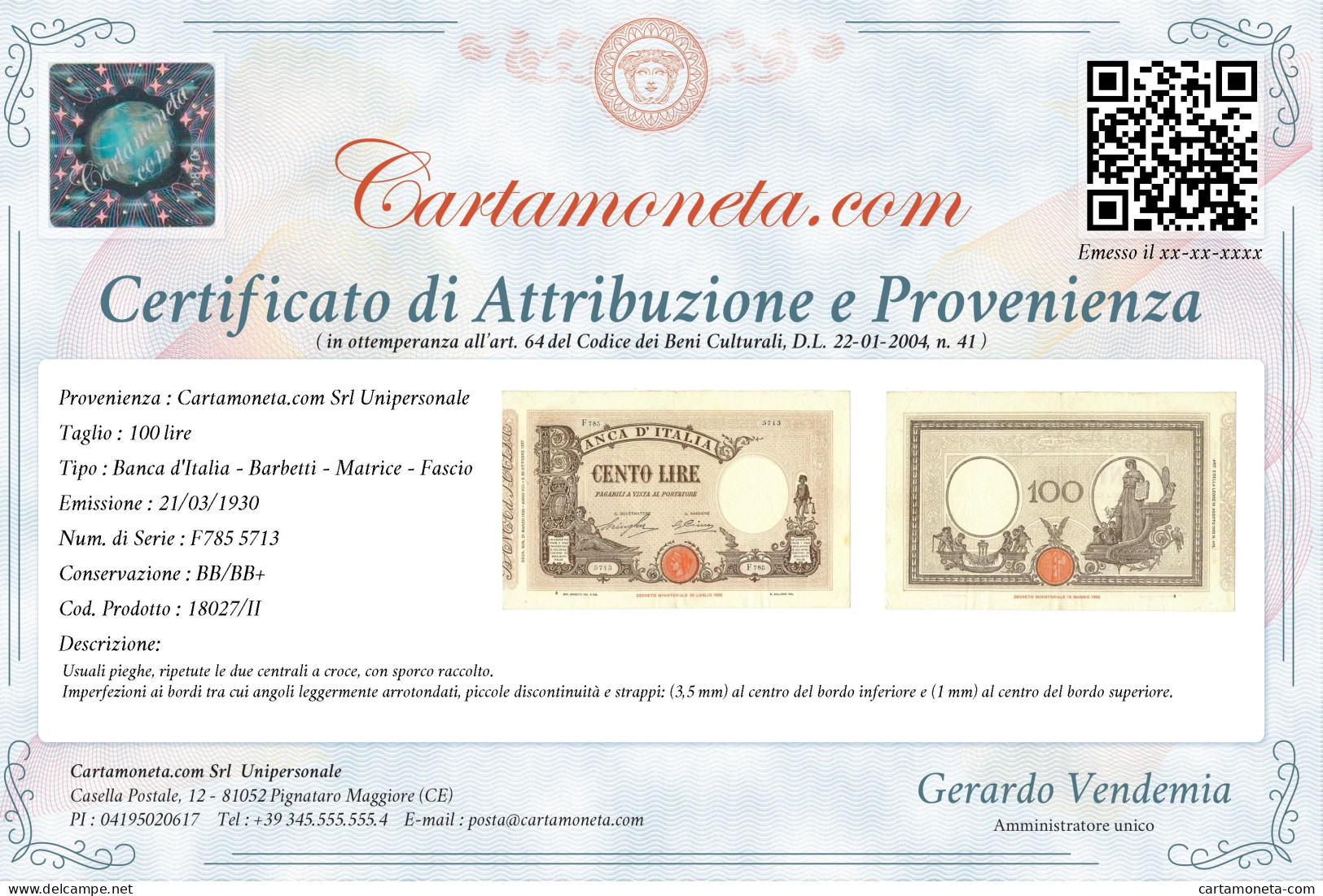 100 LIRE BARBETTI GRANDE B MATRICE LATERALE TESTINA FASCIO 21/03/1930 BB/BB+ - Regno D'Italia – Other