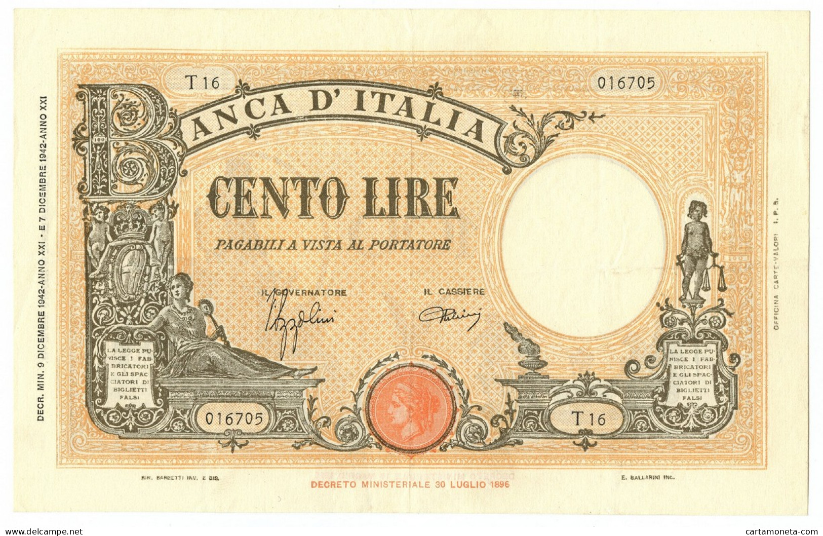 100 LIRE BARBETTI GRANDE B GIALLO TESTINA FASCIO 09/12/1942 SPL- - Andere