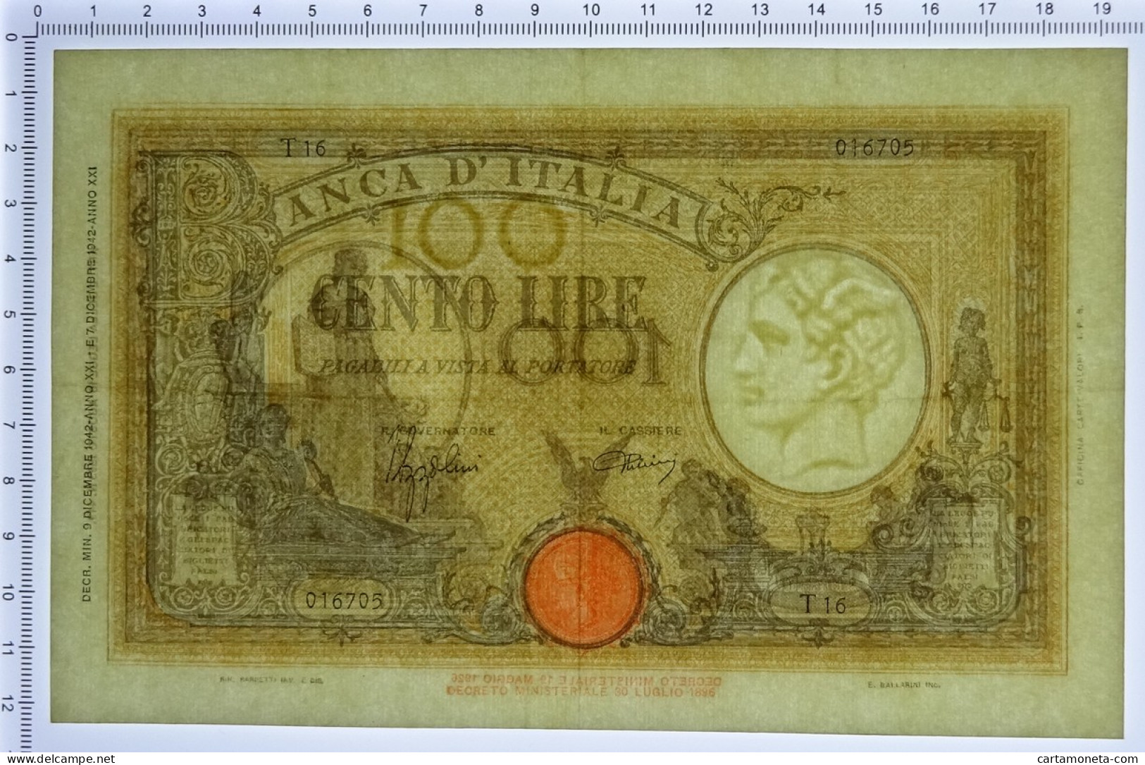 100 LIRE BARBETTI GRANDE B GIALLO TESTINA FASCIO 09/12/1942 SPL- - Regno D'Italia – Autres