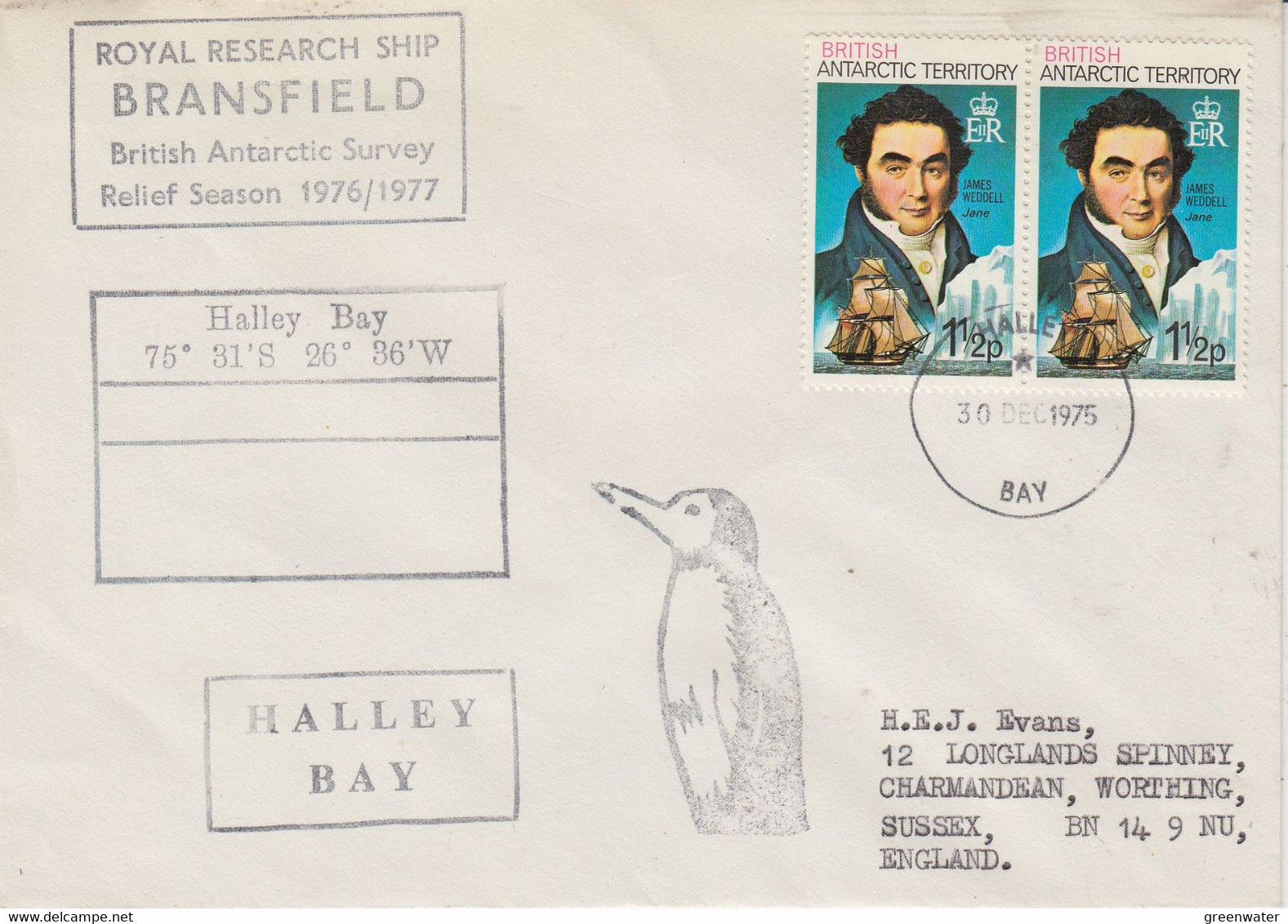 British Antarctic Territory (BAT) Cover RRS Bransfield Ca Halley Bay  30 DEC 1975 (TA185) - Covers & Documents