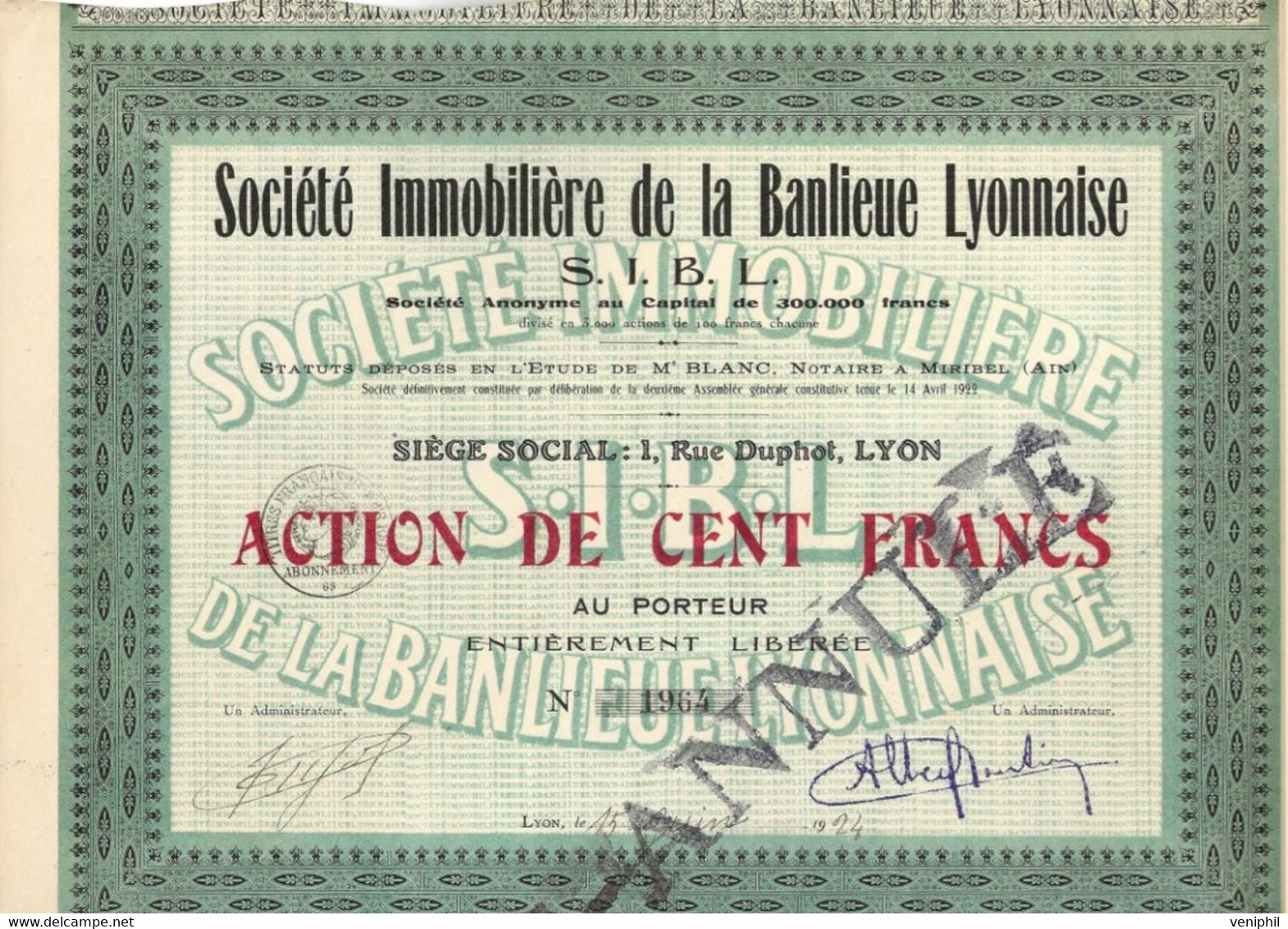 S0CIETE IMMOBILIERE DE LA BANLIEU LYONNAISE  ACTION DE 100 FRS - ANNEE 1924 - Andere & Zonder Classificatie