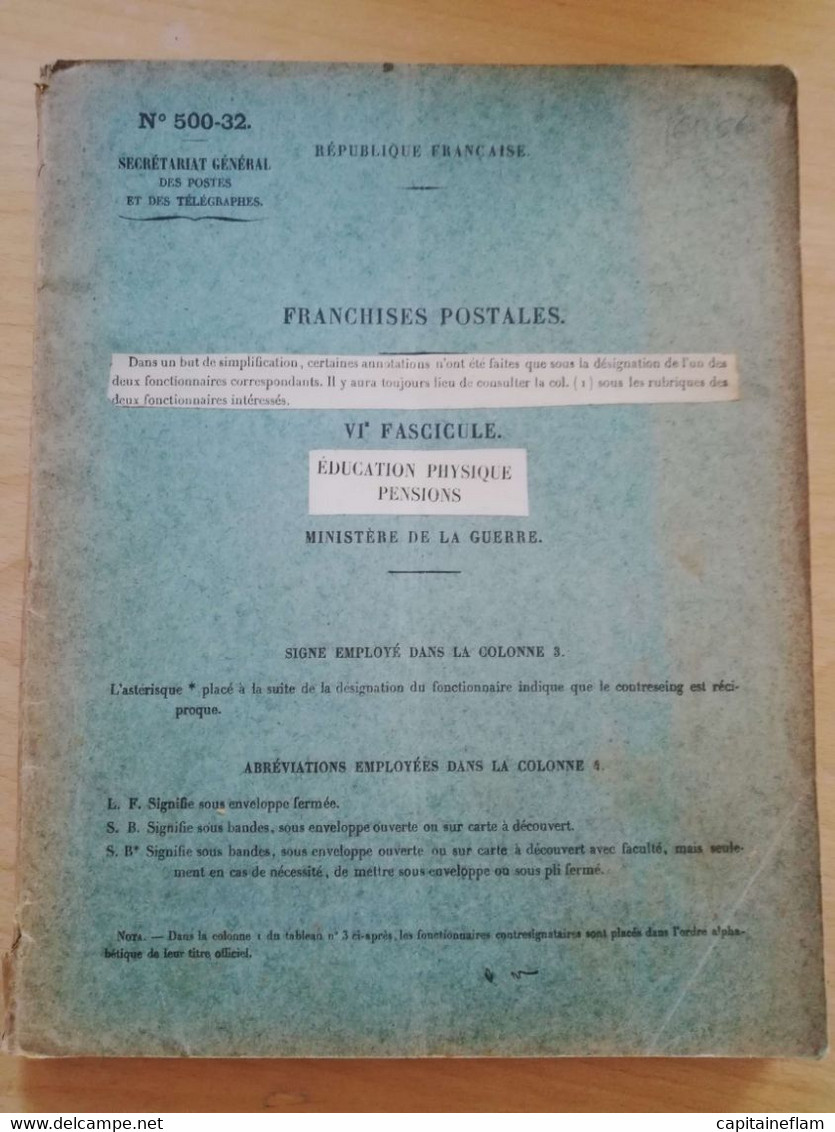 L61 - 1925 Franchises Postales - VI Fascicule Education Physique, Pensions, Ministère De La Guerre N°500-32 Postes Ptt - Administrations Postales