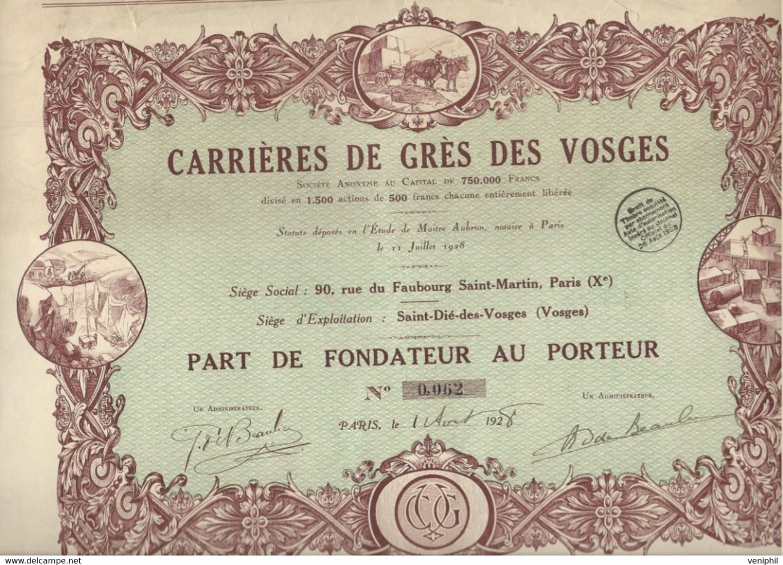 CARRIERES DE GRES DES VOSGES  PART DE FONDATEUR -  ST DIE DES VOSGES - ANNEE 1928 -TIRAGE 1500 ACTIONS - Bergbau