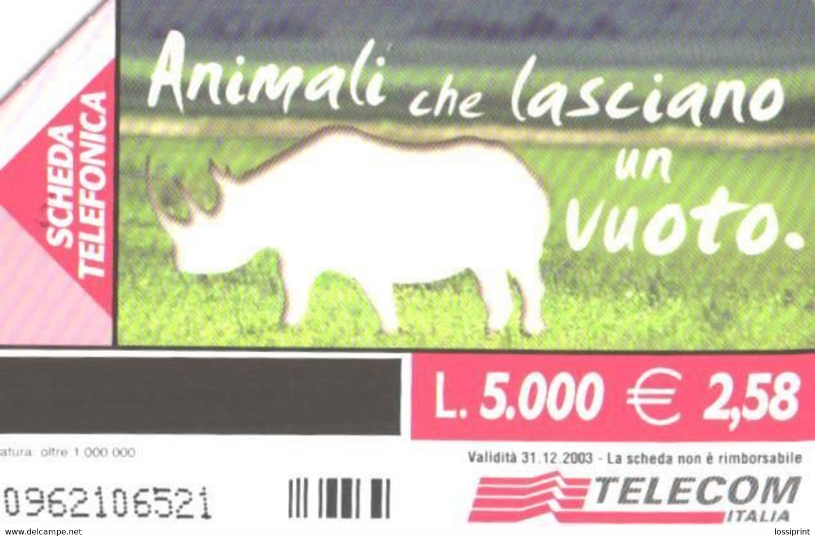 Italy:l:Used Phonecard, Telecom Italia, 5000 Lire, Rhinoceros, 2003 - Öff. Themen-TK