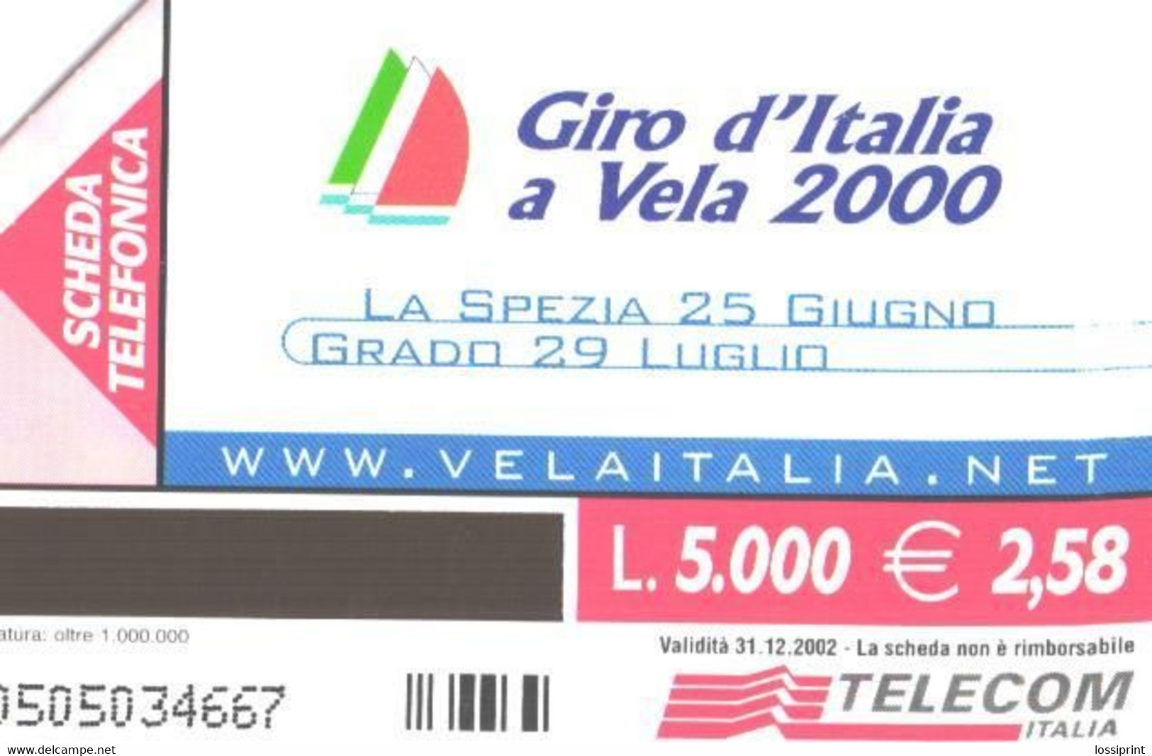 Italy:Used Phonecard, Telecom Italia, 5000 Lire, Sailing Yacht, 2002 - Publiques Thématiques