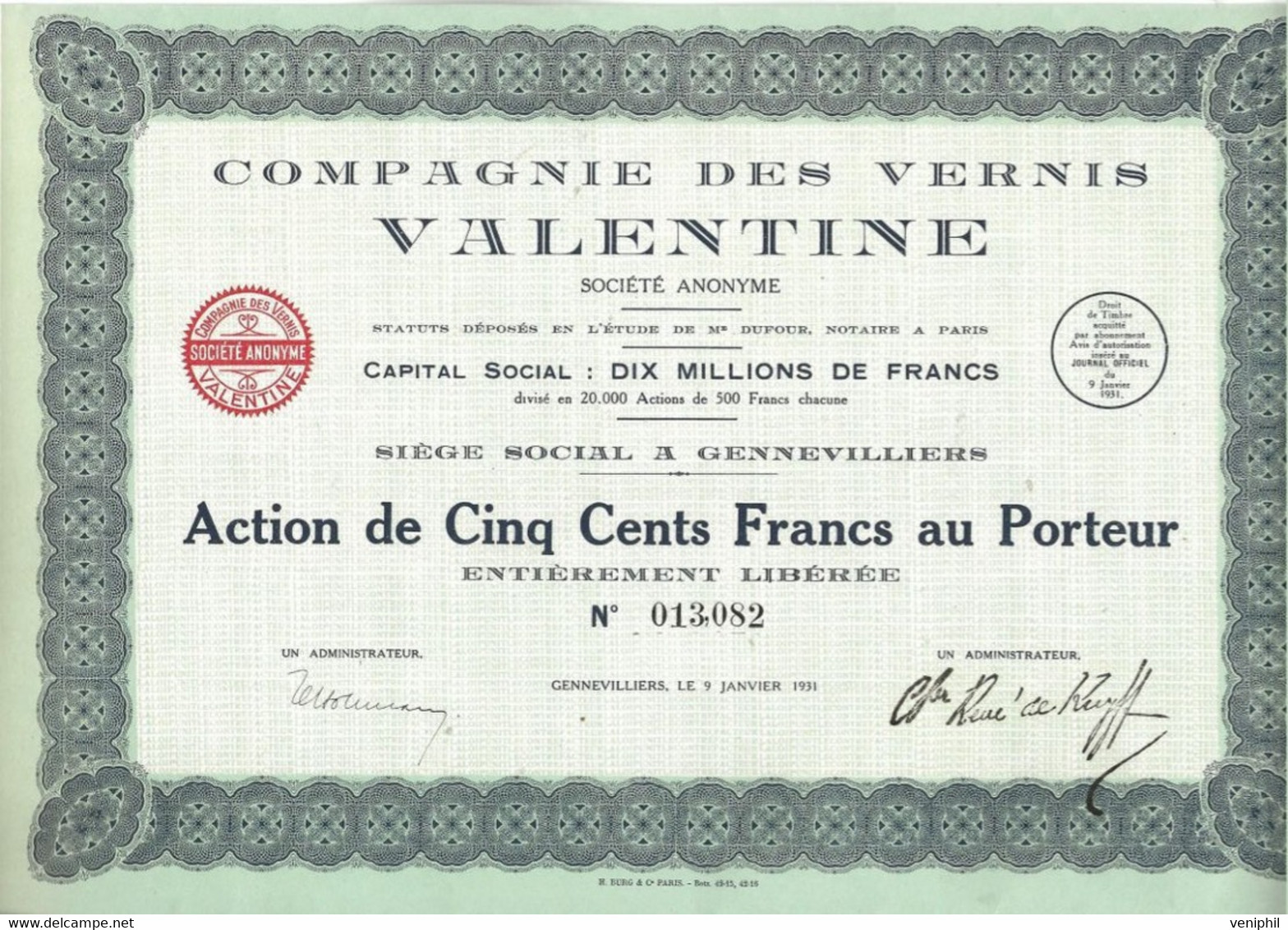 COMPAGNIE DES VERNIS VALENTINE - -ACTION DE CINQ CENT FRANCS -ANNEE 1931 - Industry