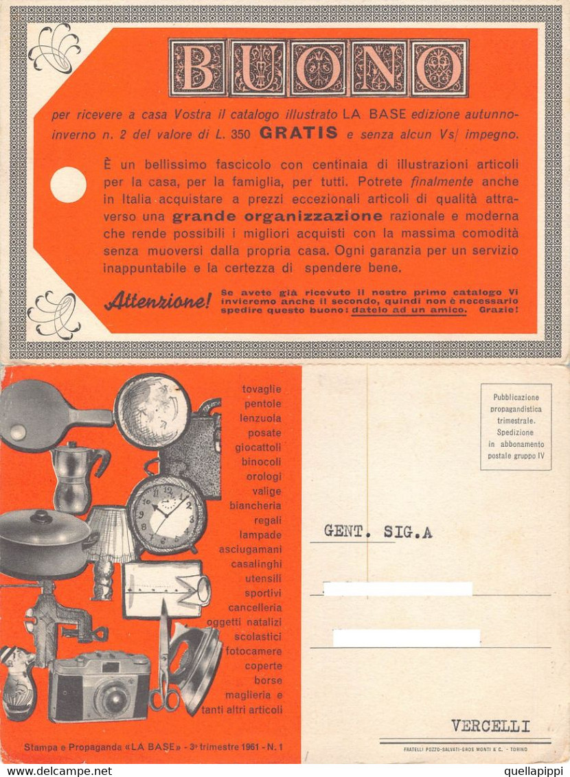 014554 "MILANO - DITTA BASE- ARTICOLI PER LA CASA - BUONO PER CATALOGO NR. 2" 1961  PUBBL - Pubblicitari