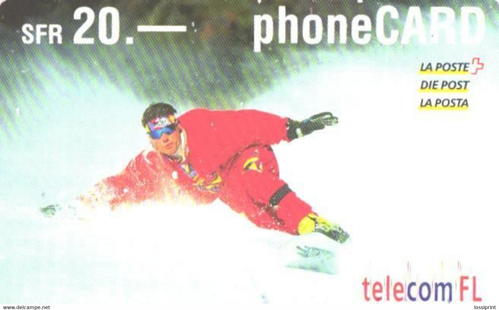 Liechtenstein:Used Phonecard, TelecomFL, 20 Sfr, Snowboarding, 2003 - Liechtenstein