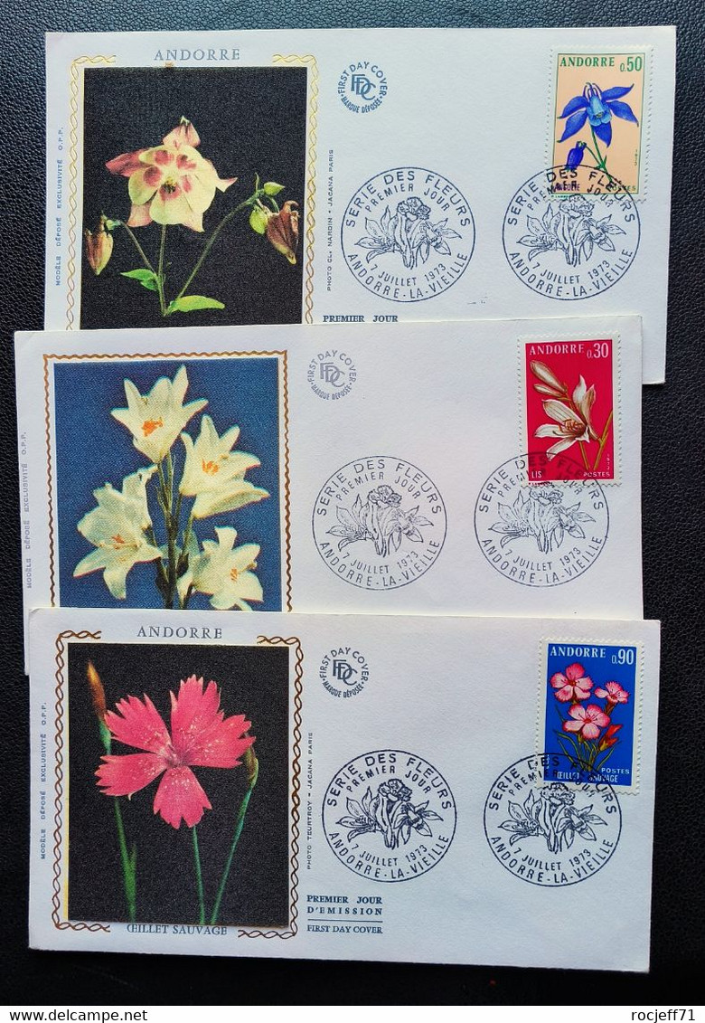 02 - 23  //  Andorre - 1er Jours - 3 X FDC Fleurs - 1973 - Lettres & Documents